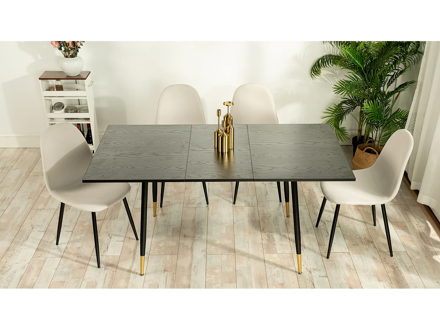 URBAN MEUBLE Ensemble table extensible noir 120-160 et 4 chaises style scandinaves blanches cassées