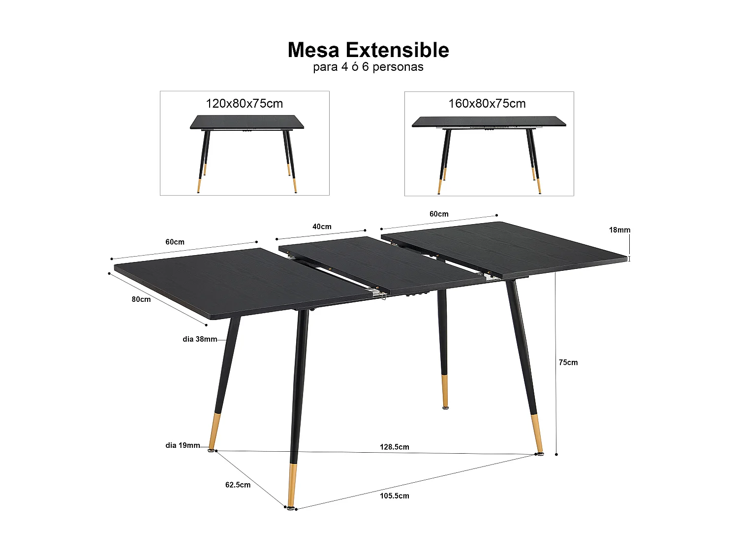 URBAN MEUBLE Ensemble table extensible noir 120-160 et 4 chaises style scandinaves blanches cassées
