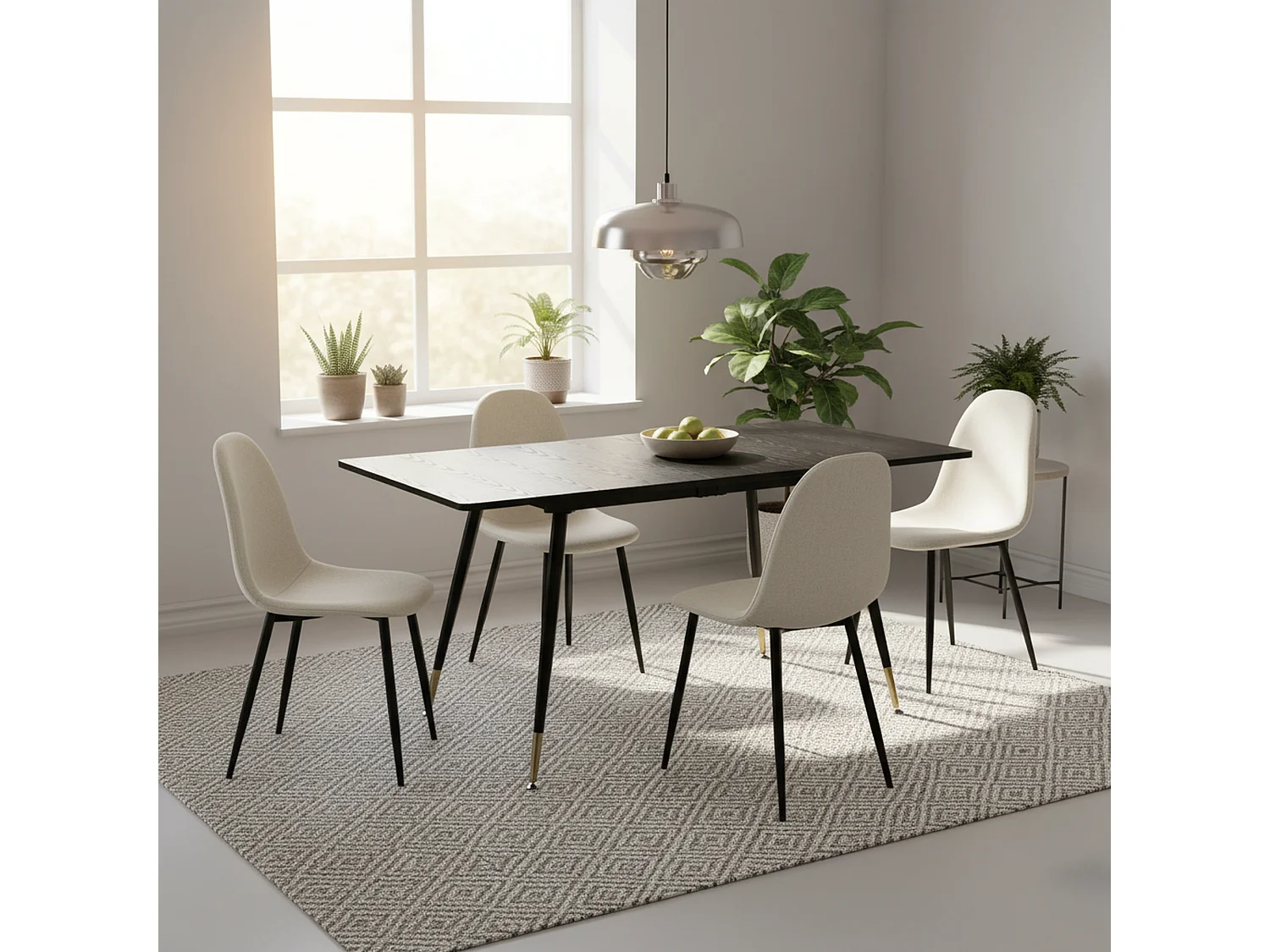 URBAN MEUBLE Ensemble table extensible noir 120-160 et 4 chaises style scandinaves blanches cassées