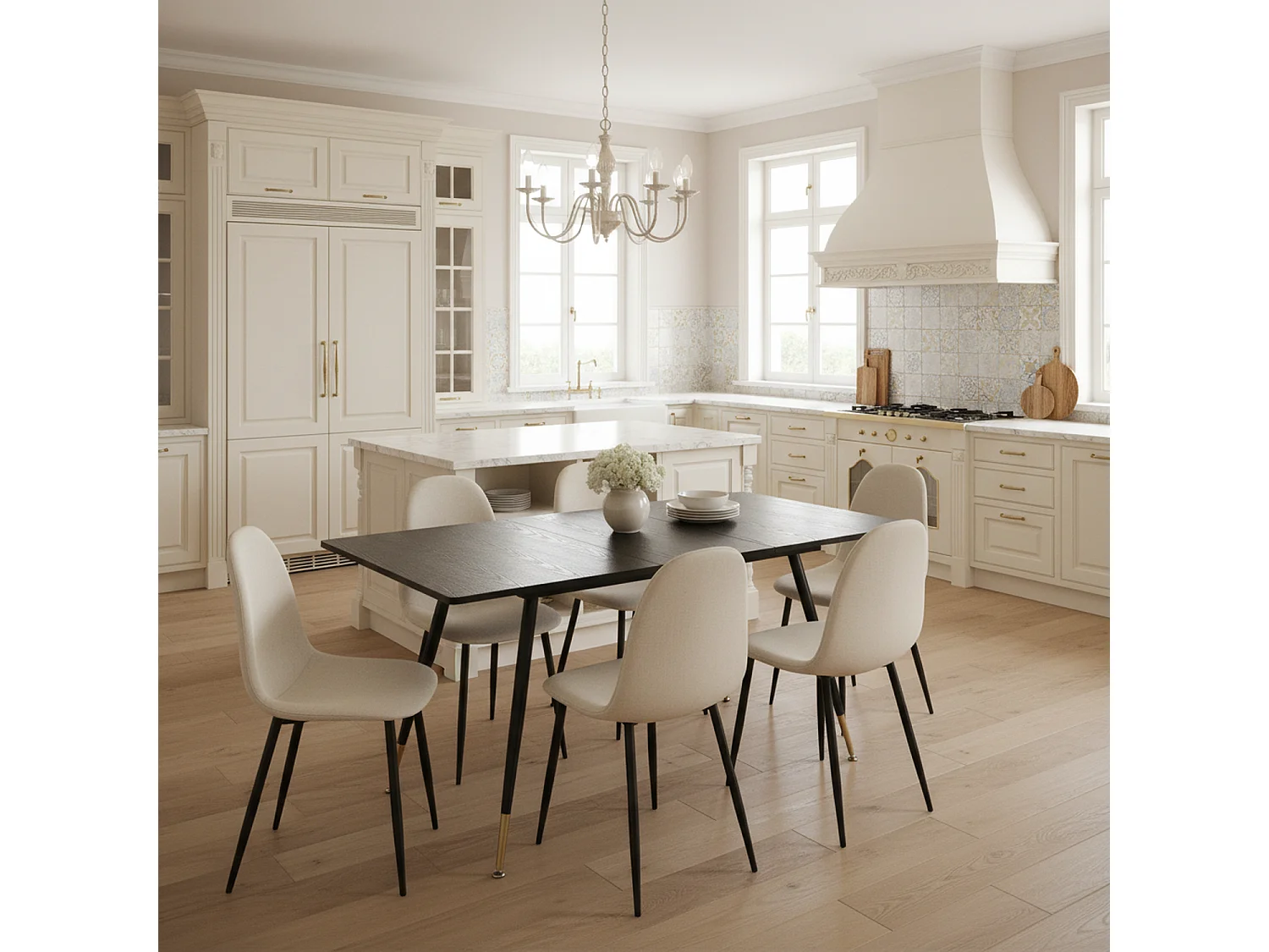 URBAN MEUBLE Ensemble table extensible noir 120-160 et 4 chaises style scandinaves blanches cassées