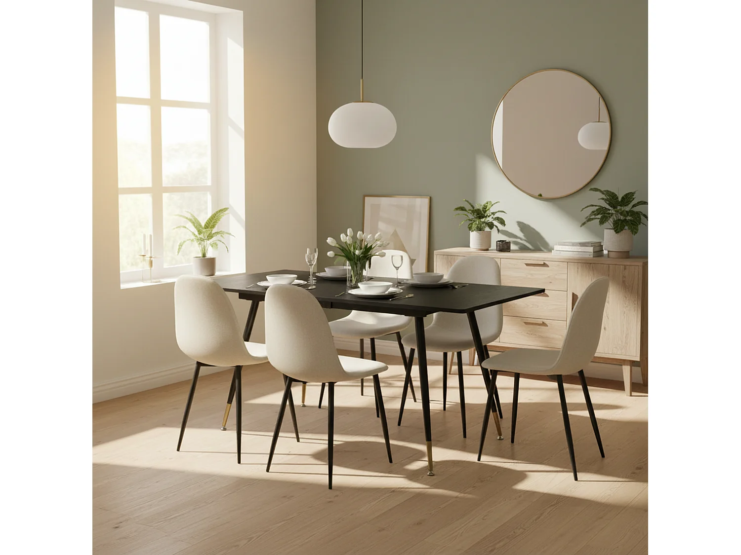 URBAN MEUBLE Ensemble table extensible noir 120-160 et 4 chaises style scandinaves blanches cassées