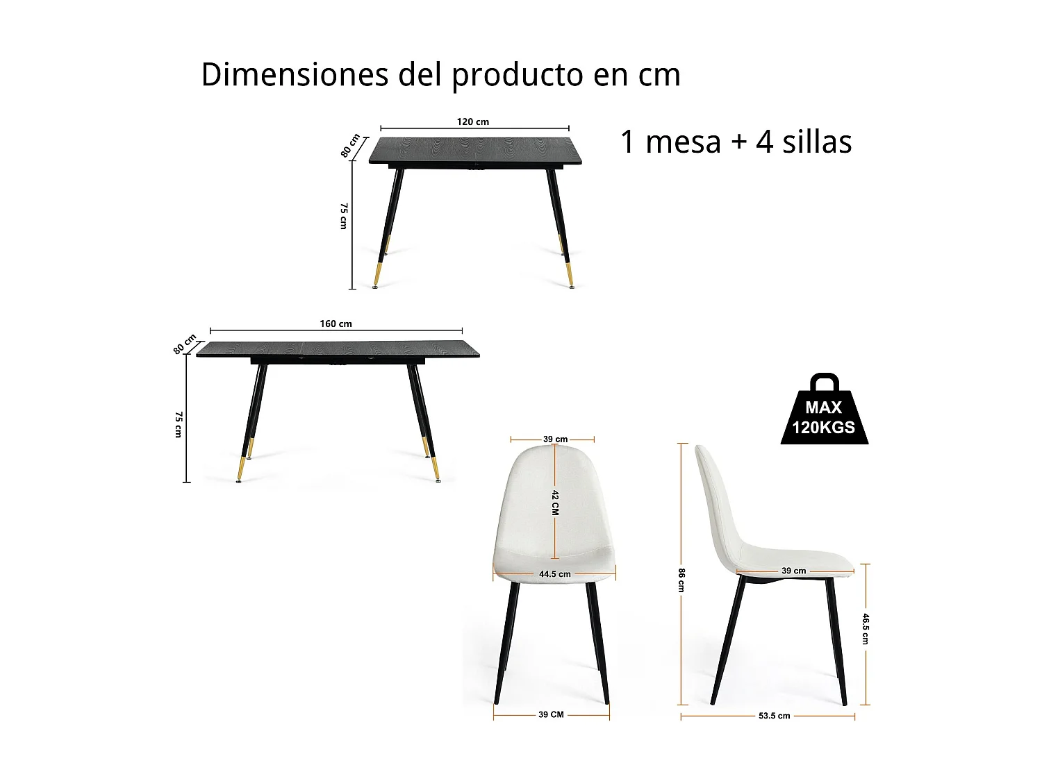 URBAN MEUBLE Ensemble table extensible noir 120-160 et 4 chaises style scandinaves blanches cassées