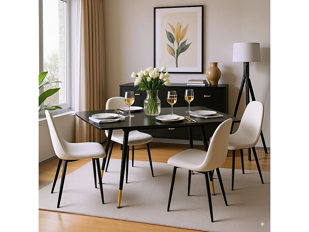 URBAN MEUBLE Ensemble table extensible noir 120-160 et 4 chaises style scandinaves blanches cassées