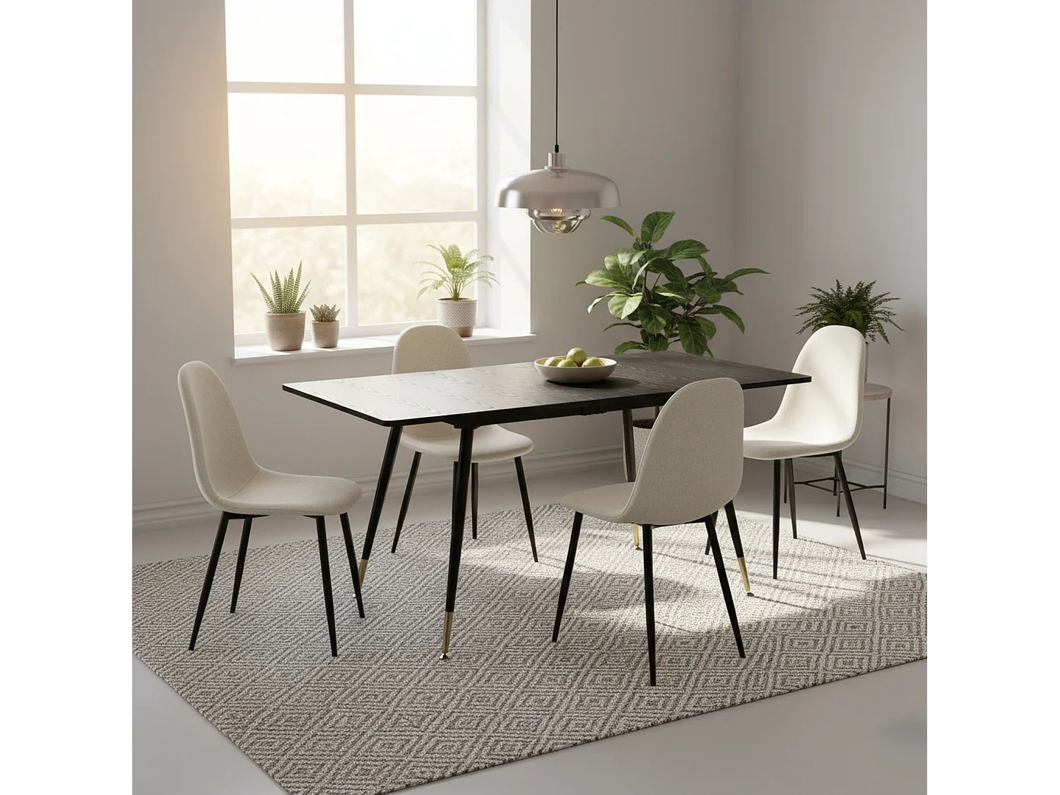 URBAN MEUBLE Ensemble table extensible noir 120-160 et 4 chaises style scandinaves blanches cassées