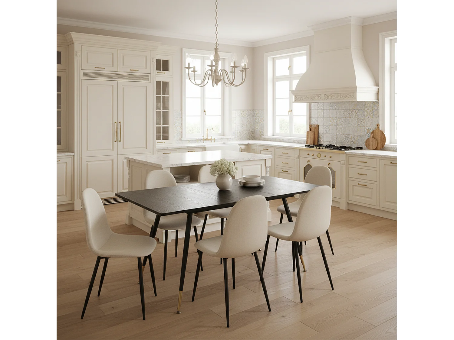 URBAN MEUBLE Ensemble table extensible noir 120-160 et 4 chaises style scandinaves blanches cassées