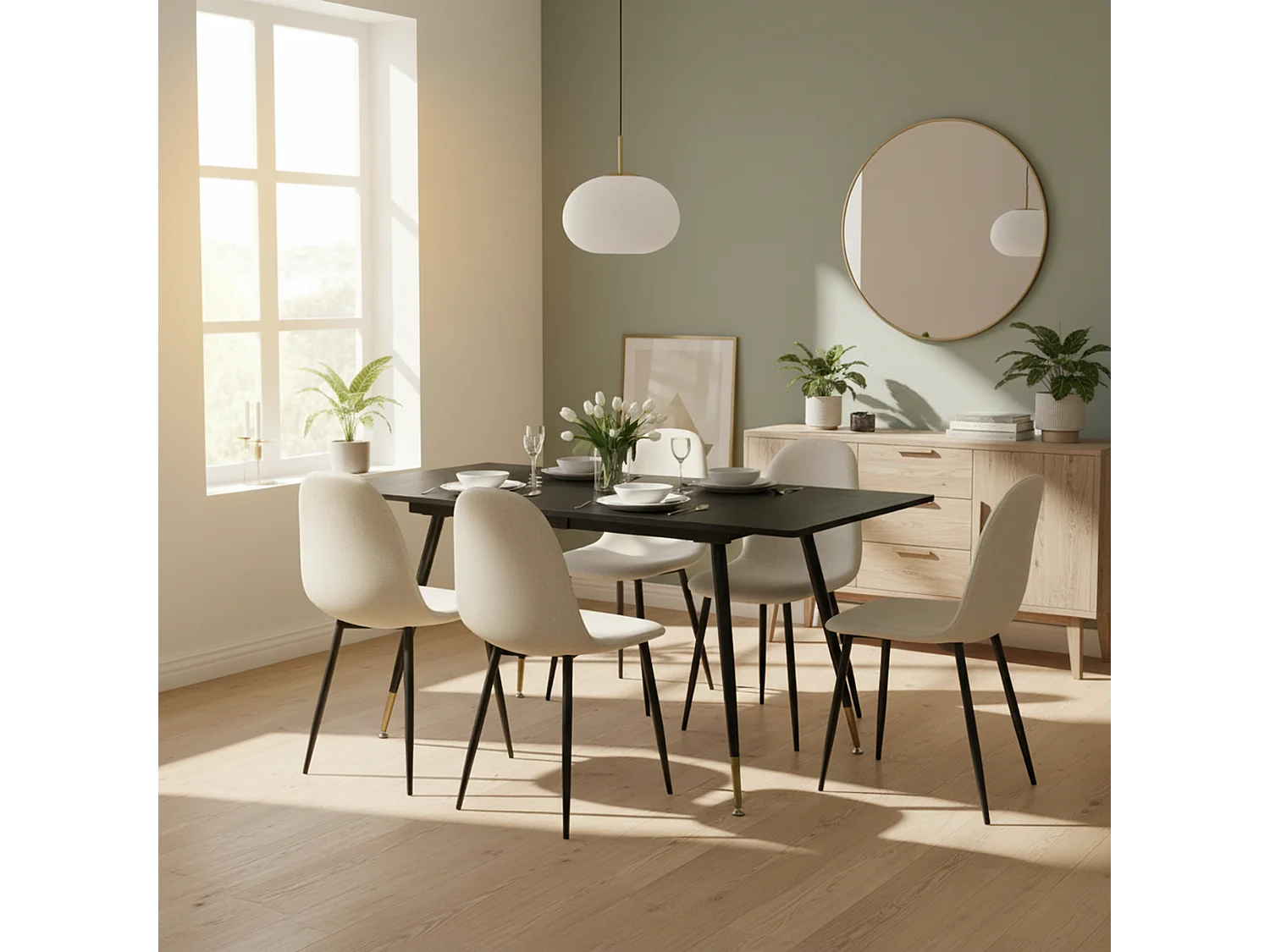 URBAN MEUBLE Ensemble table extensible noir 120-160 et 4 chaises style scandinaves blanches cassées