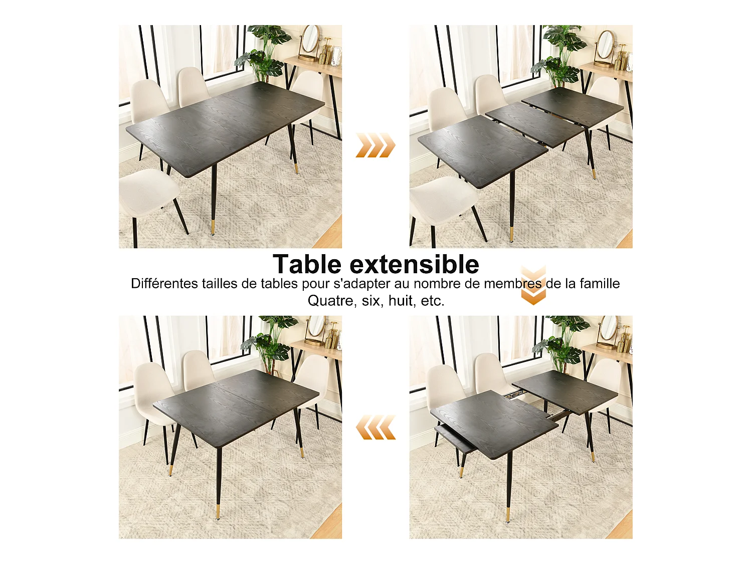 URBAN MEUBLE Ensemble table extensible noir effet bois 120-160 et 4 chaises style scandinave retro