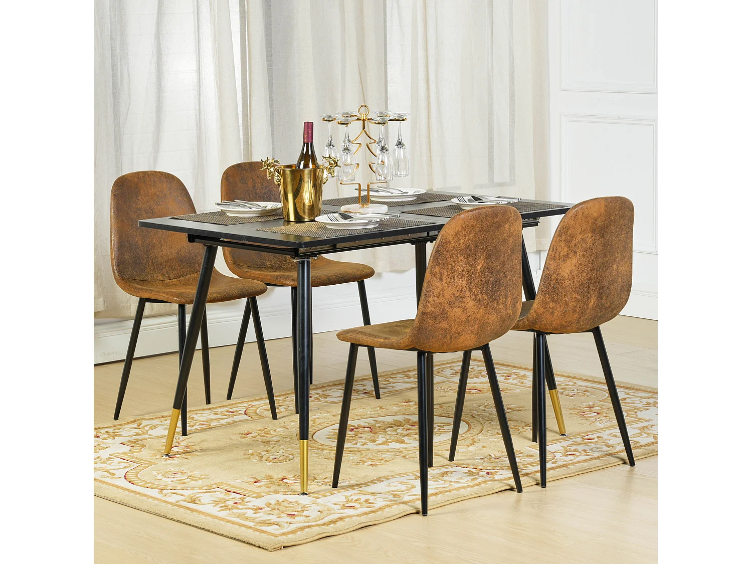 URBAN MEUBLE Ensemble table extensible noir effet bois 120-160 et 4 chaises style scandinave retro