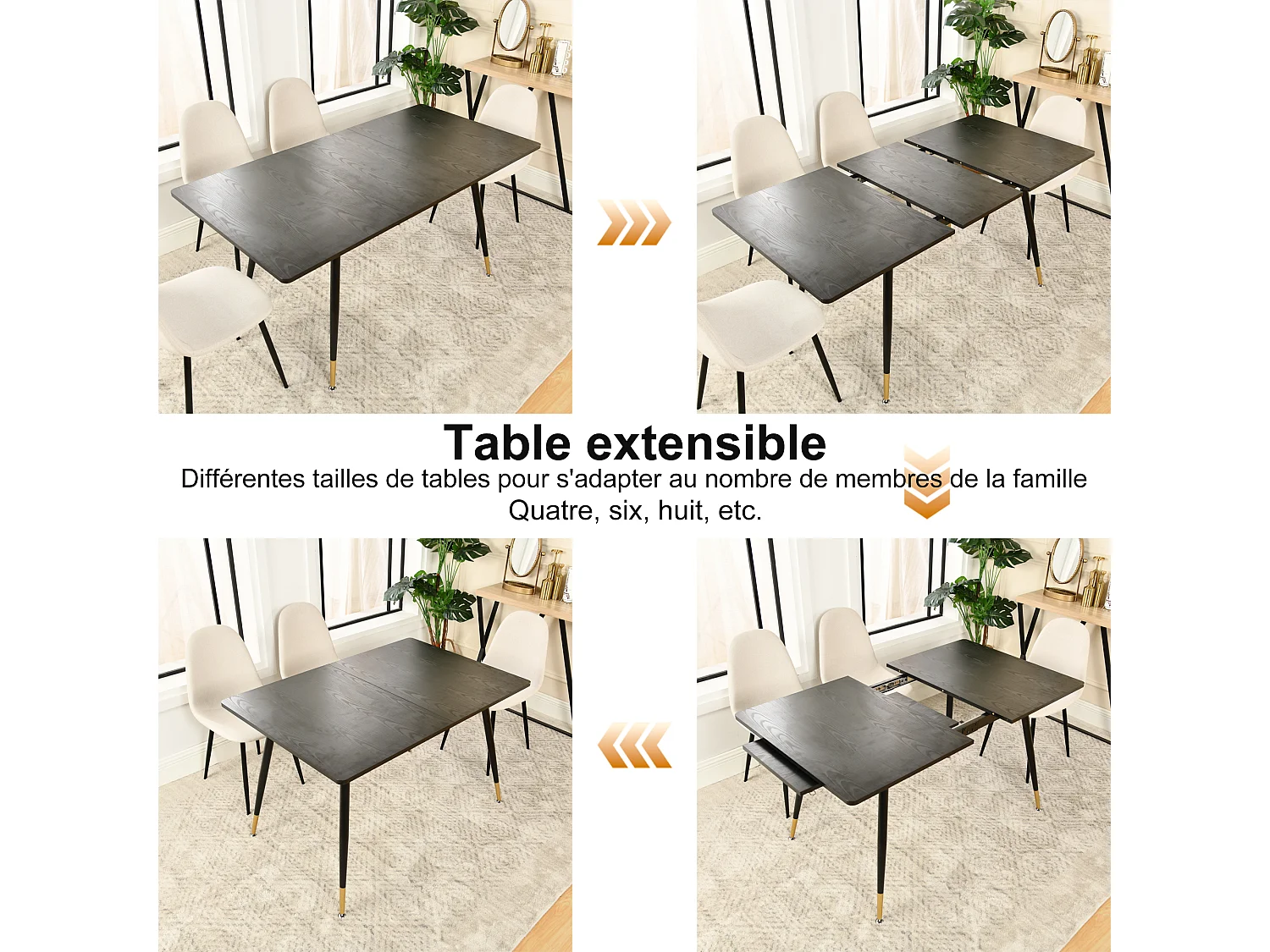 URBAN MEUBLE Ensemble table extensible noir effet bois 120-160 et 4 chaises style scandinave retro