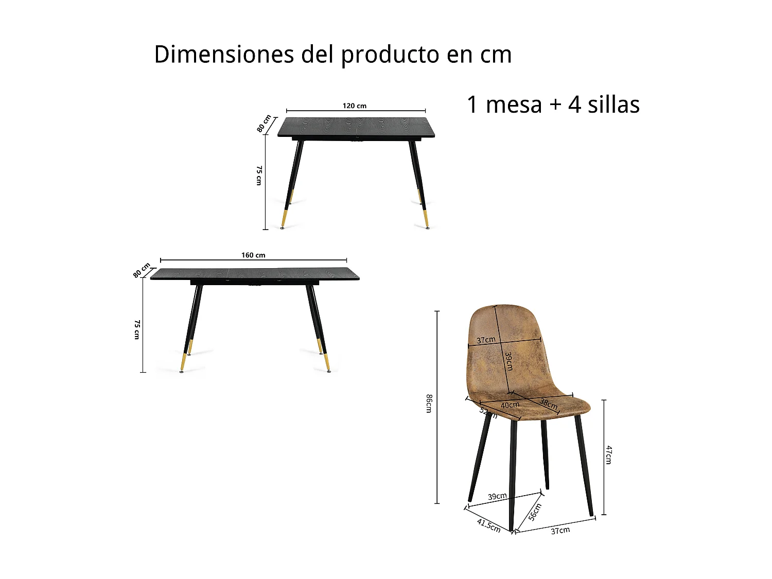 URBAN MEUBLE Ensemble table extensible noir effet bois 120-160 et 4 chaises style scandinave retro