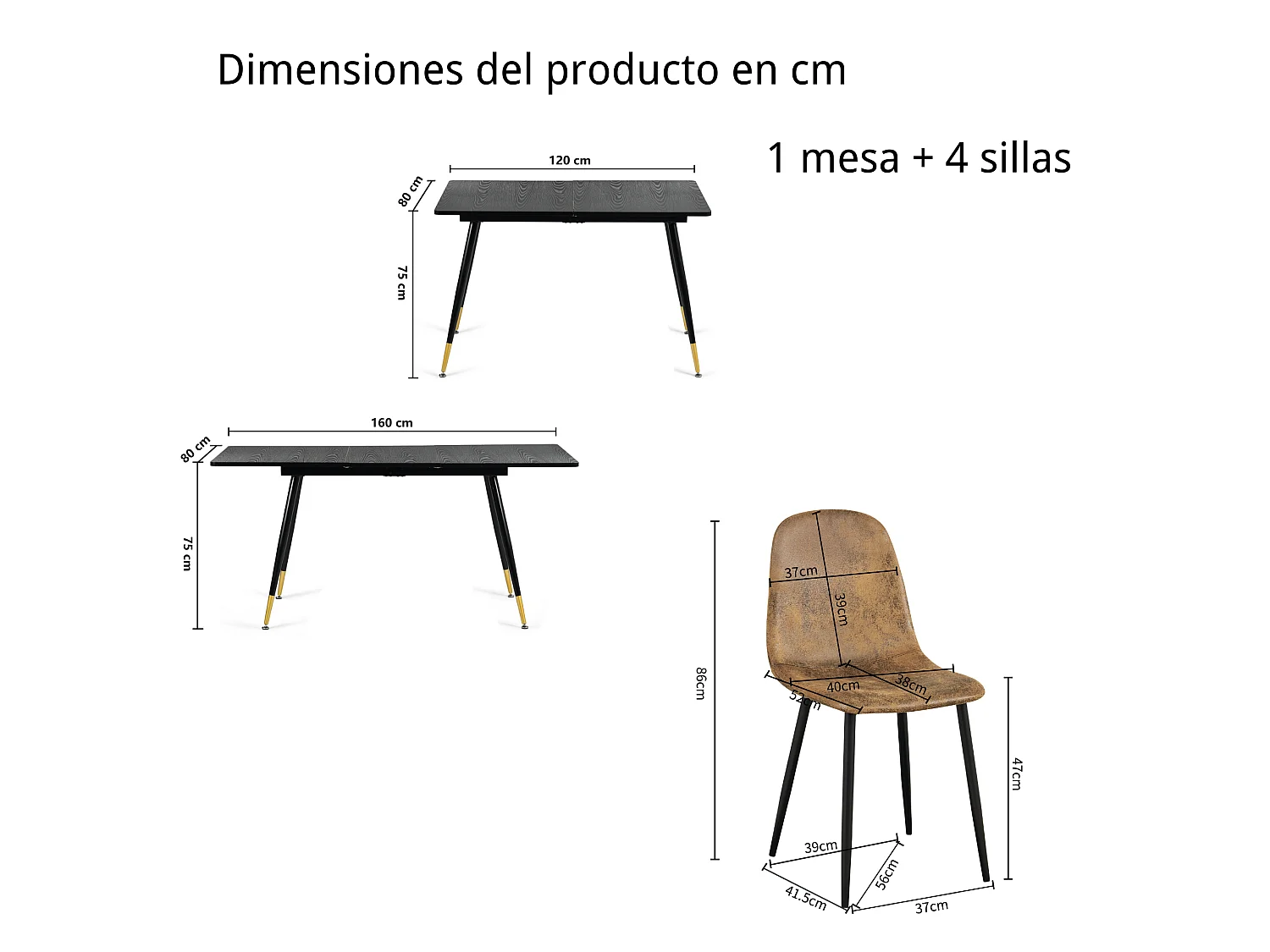 URBAN MEUBLE Ensemble table extensible noir effet bois 120-160 et 4 chaises style scandinave retro