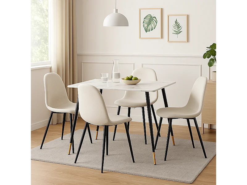 URBAN MEUBLE Ensemble table blanche effet marbre et 4 chaises scandinaves blanches cassées
