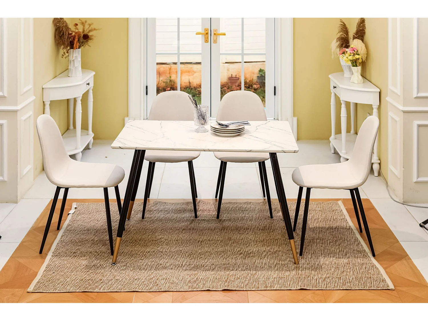 URBAN MEUBLE Ensemble table blanche effet marbre et 4 chaises scandinaves blanches cassées