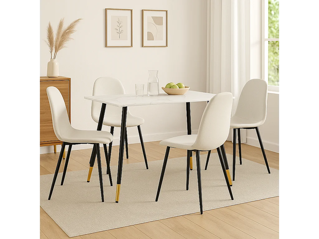 URBAN MEUBLE Ensemble table blanche effet marbre et 4 chaises scandinaves blanches cassées