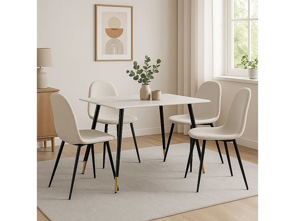 URBAN MEUBLE Ensemble table blanche effet marbre et 4 chaises scandinaves blanches cassées