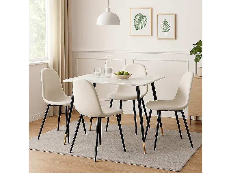 URBAN MEUBLE Ensemble table blanche effet marbre et 4 chaises scandinaves blanches cassées