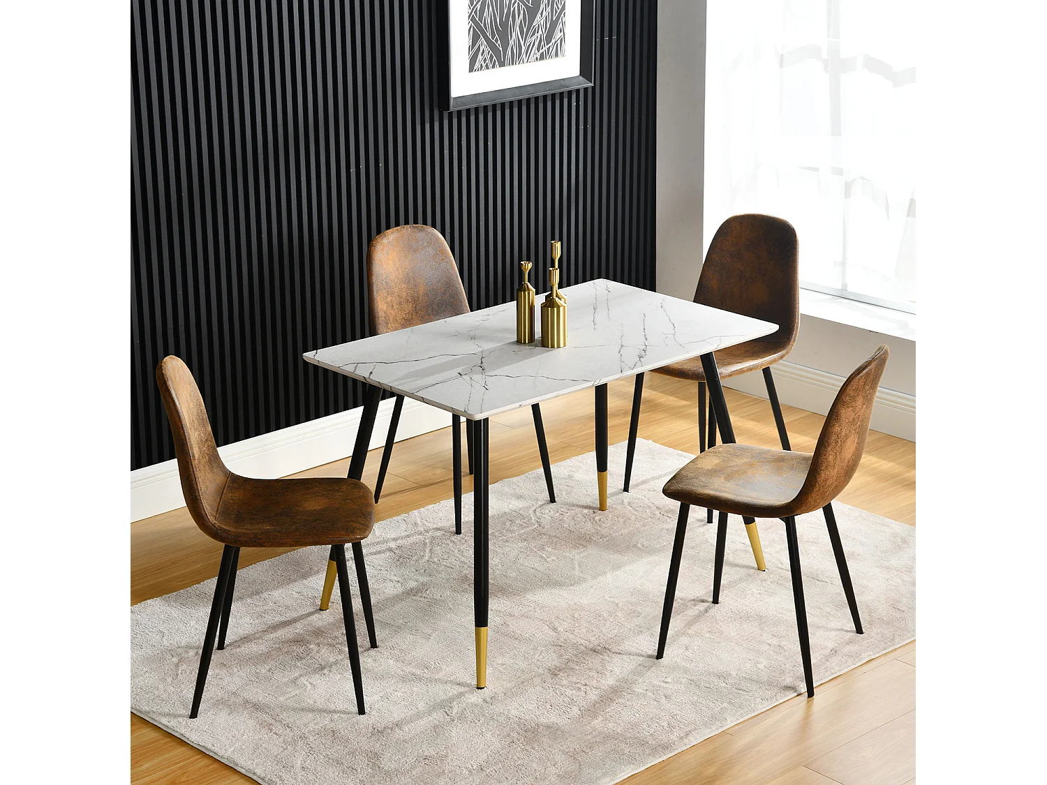 URBAN MEUBLE Ensemble table blanche effet marbre et 4 chaises scandinaves rétros