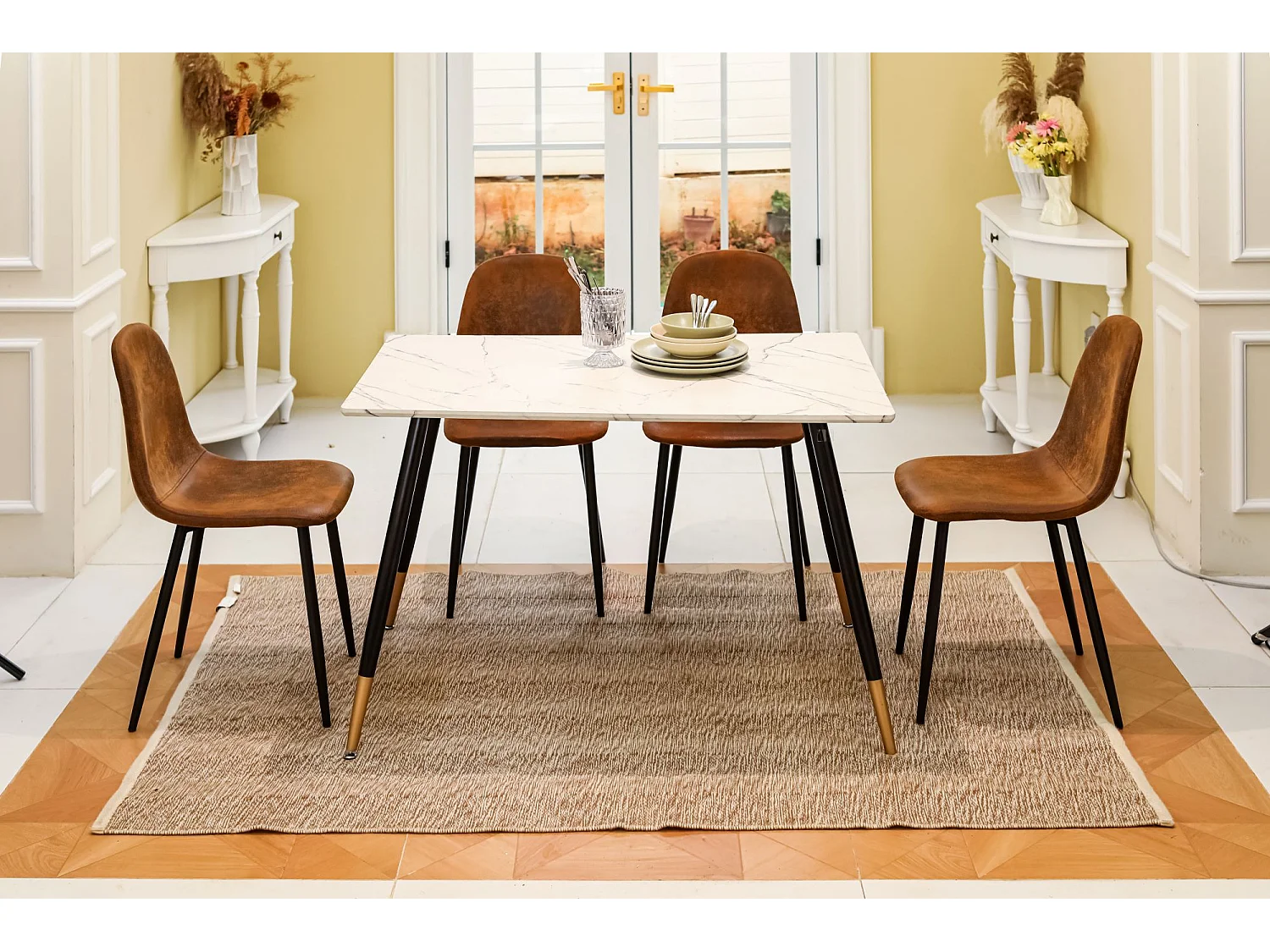 URBAN MEUBLE Ensemble table blanche effet marbre et 4 chaises scandinaves rétros