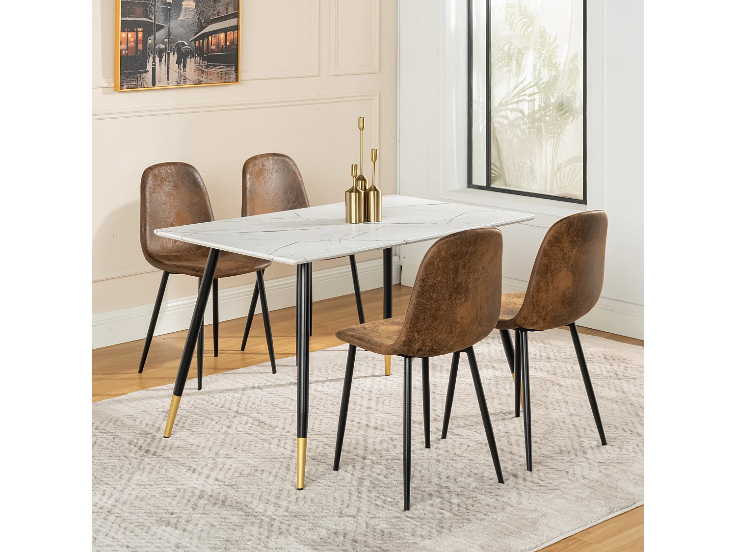 URBAN MEUBLE Ensemble table blanche effet marbre et 4 chaises scandinaves rétros