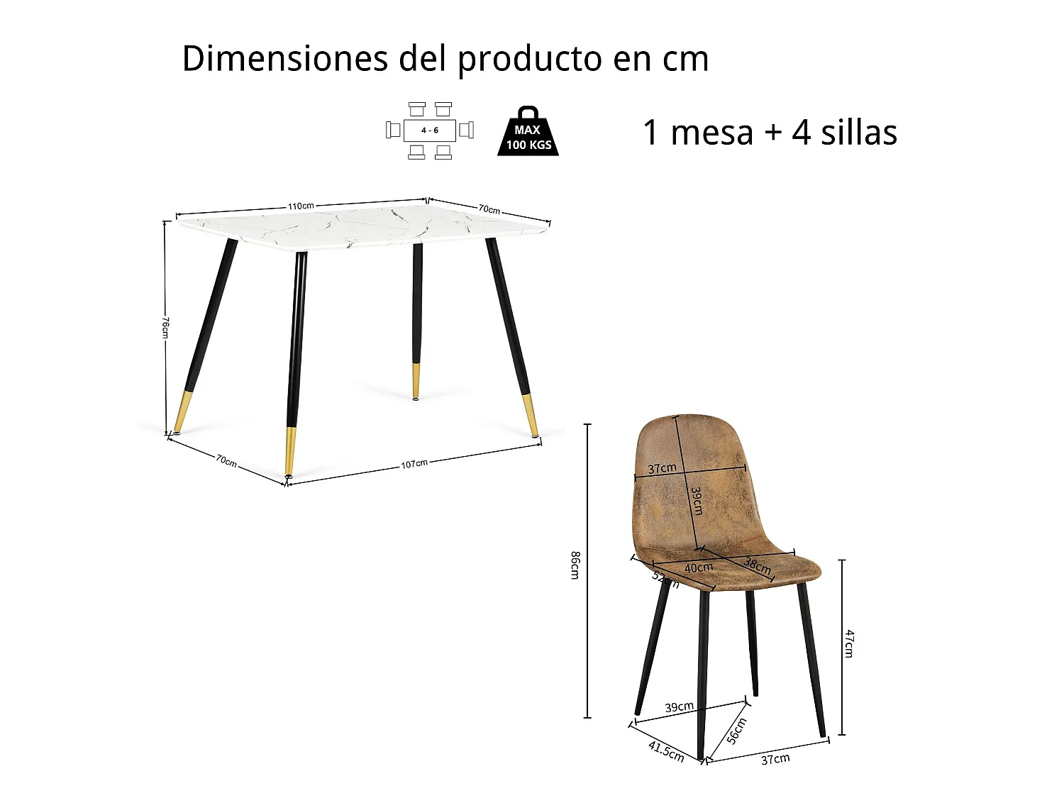 URBAN MEUBLE Ensemble table blanche effet marbre et 4 chaises scandinaves rétros
