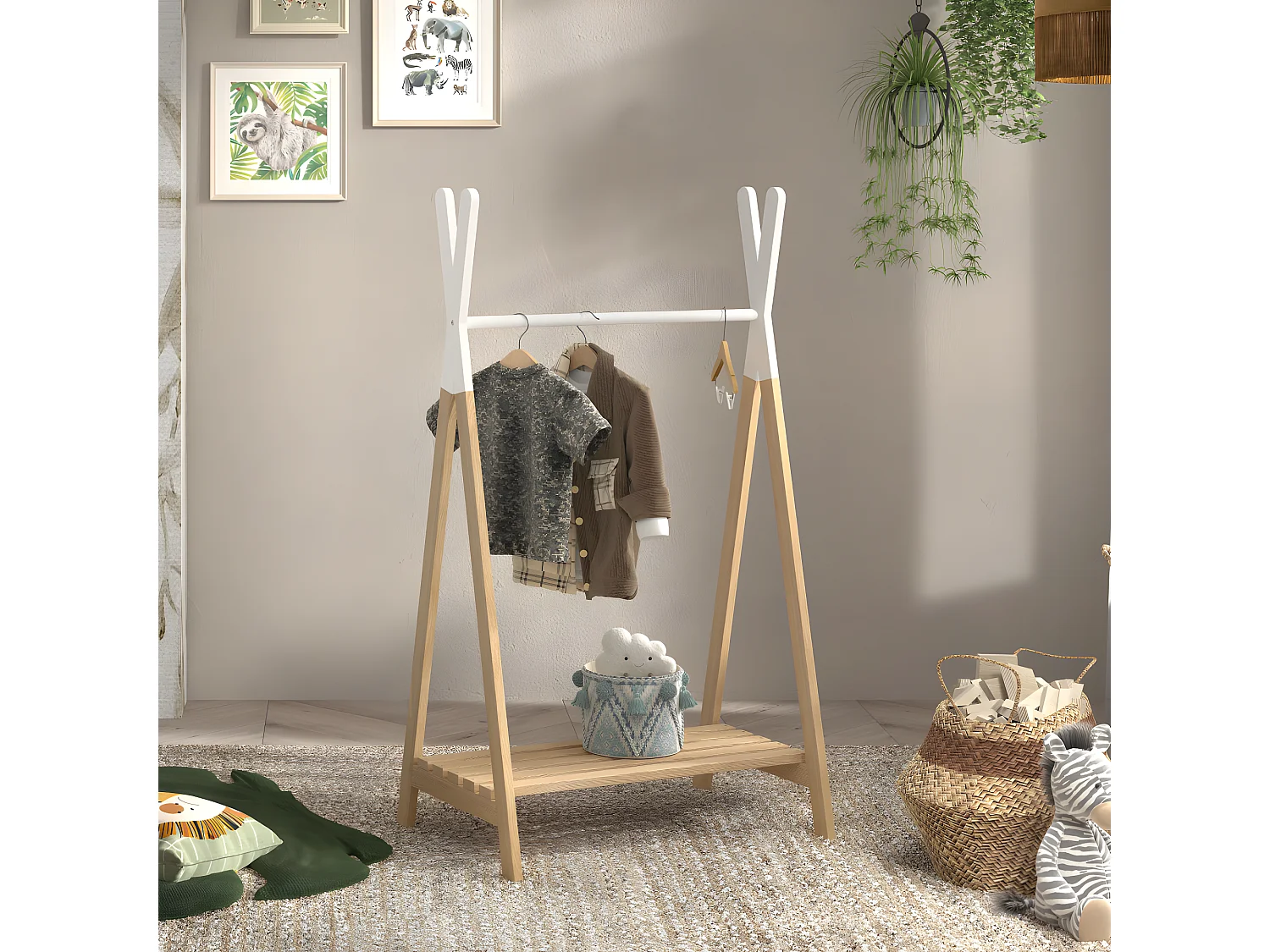 Aulia - Portant à vêtements enfant en bois - Blanc et bois clair