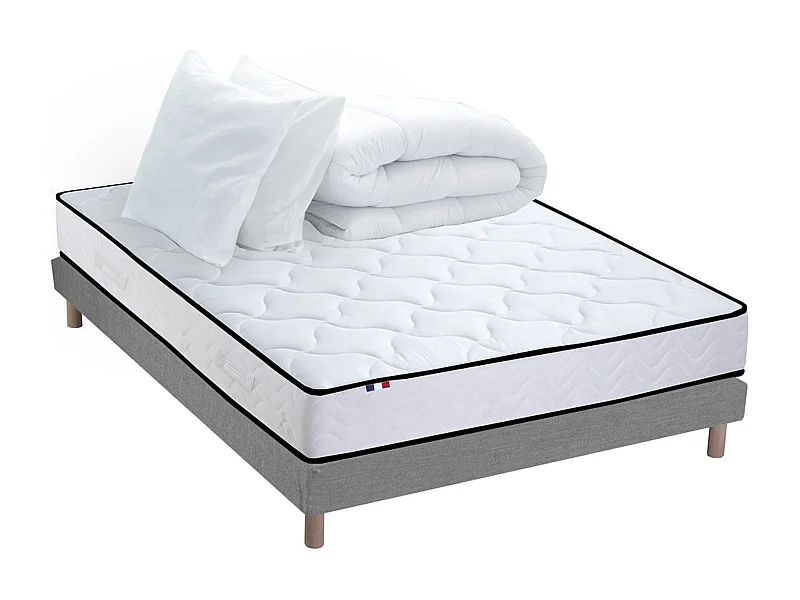 Pack Ensemble Matelas Ressorts + Mémoire de forme + sommier + couette + oreillers ELOISE - Made in France Dimensions - 140 x 190 cm, Sommier - Gris chiné