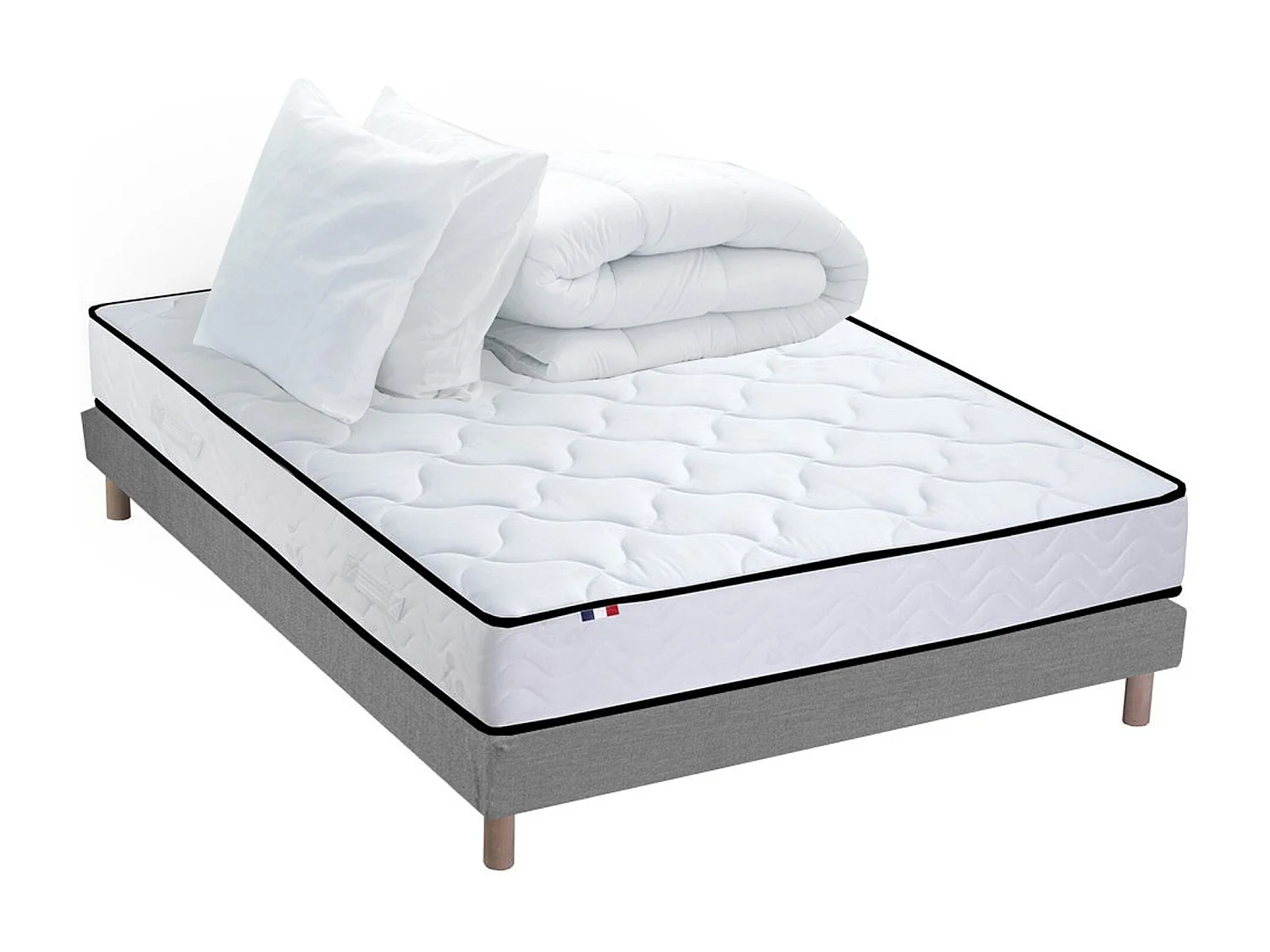 Pack Ensemble Matelas Ressorts + Mémoire de forme + sommier + couette + oreillers ELOISE - Made in France Dimensions - 140 x 190 cm, Sommier - Gris chiné