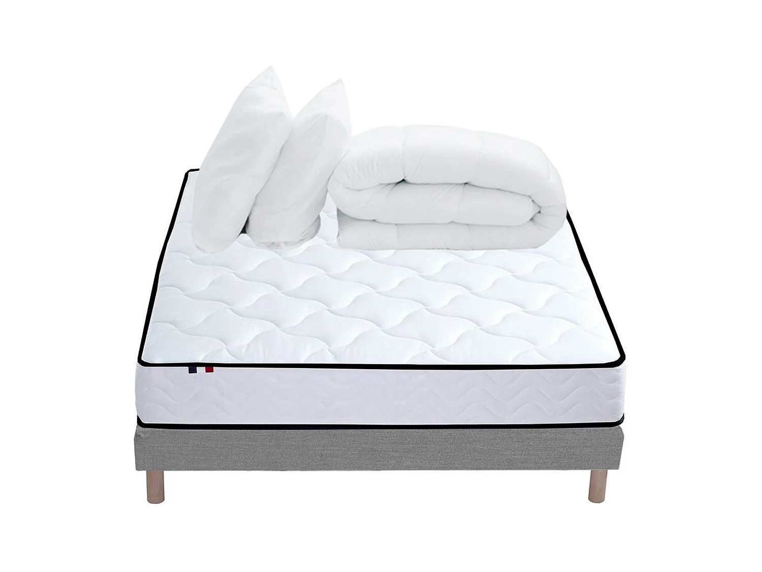 Pack Ensemble Matelas Ressorts + Mémoire de forme + sommier + couette + oreillers ELOISE - Made in France Dimensions - 140 x 190 cm, Sommier - Gris chiné