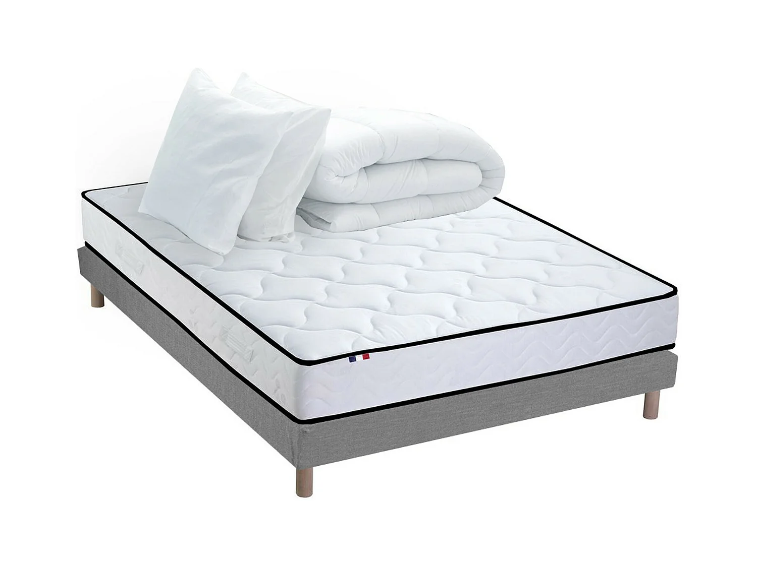 Pack Ensemble Matelas Ressorts + Mémoire de forme + sommier + couette + oreillers ELOISE - Made in France Dimensions - 140 x 190 cm, Sommier - Gris chiné