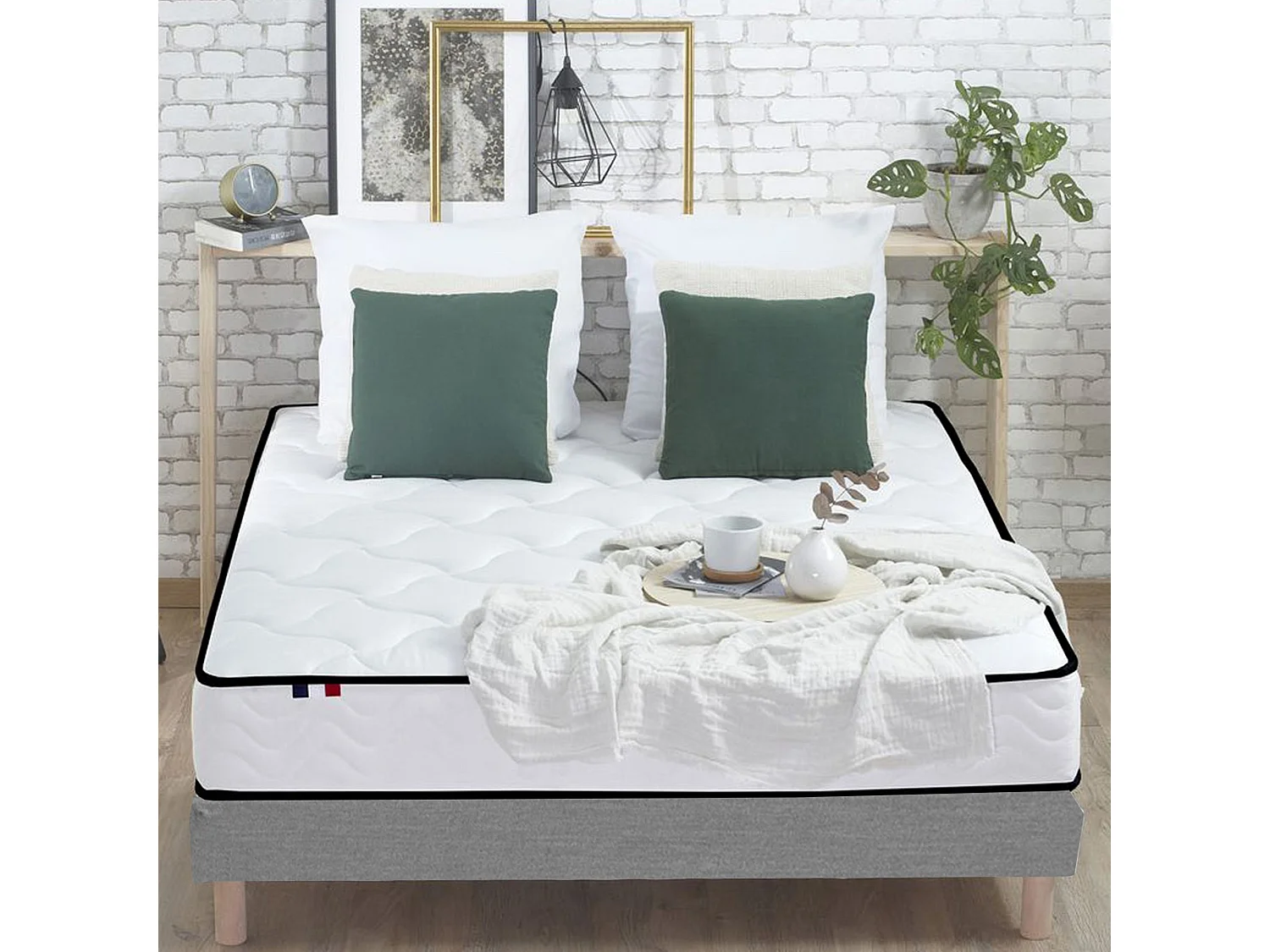 Pack Ensemble Matelas Ressorts + Mémoire de forme + sommier + couette + oreillers ELOISE - Made in France Dimensions - 140 x 190 cm, Sommier - Gris chiné