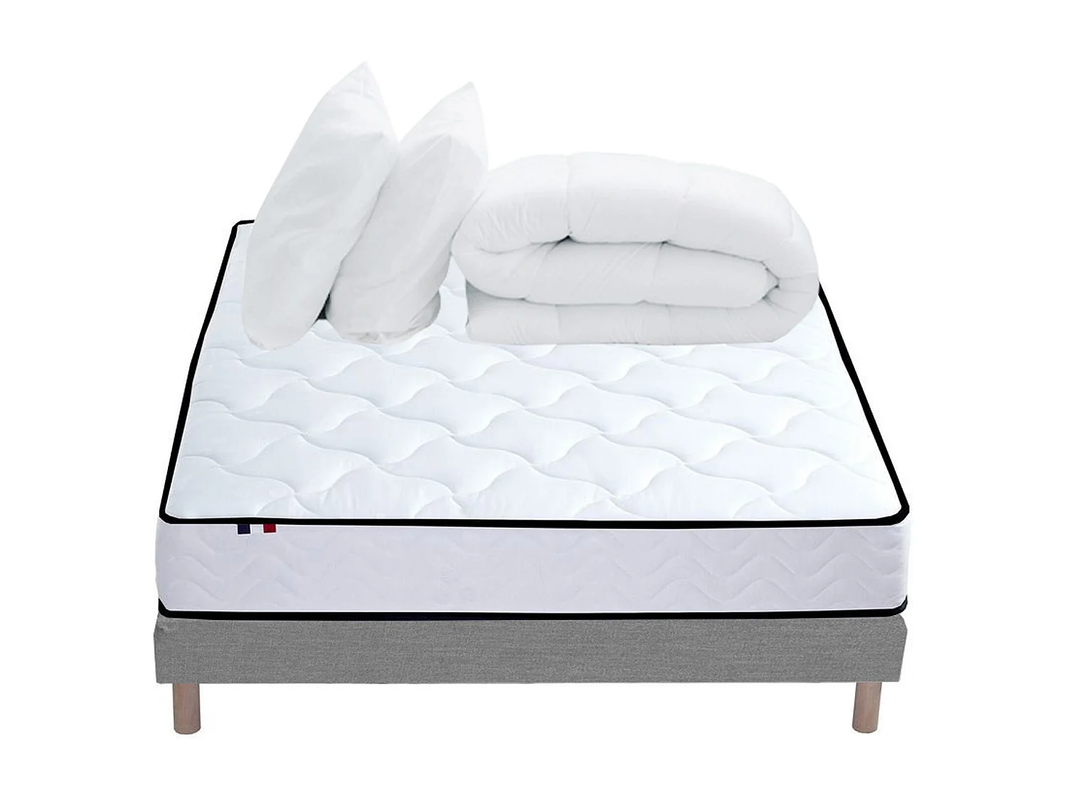 Pack Ensemble Matelas Ressorts + Mémoire de forme + sommier + couette + oreillers ELOISE - Made in France Dimensions - 140 x 190 cm, Sommier - Gris chiné
