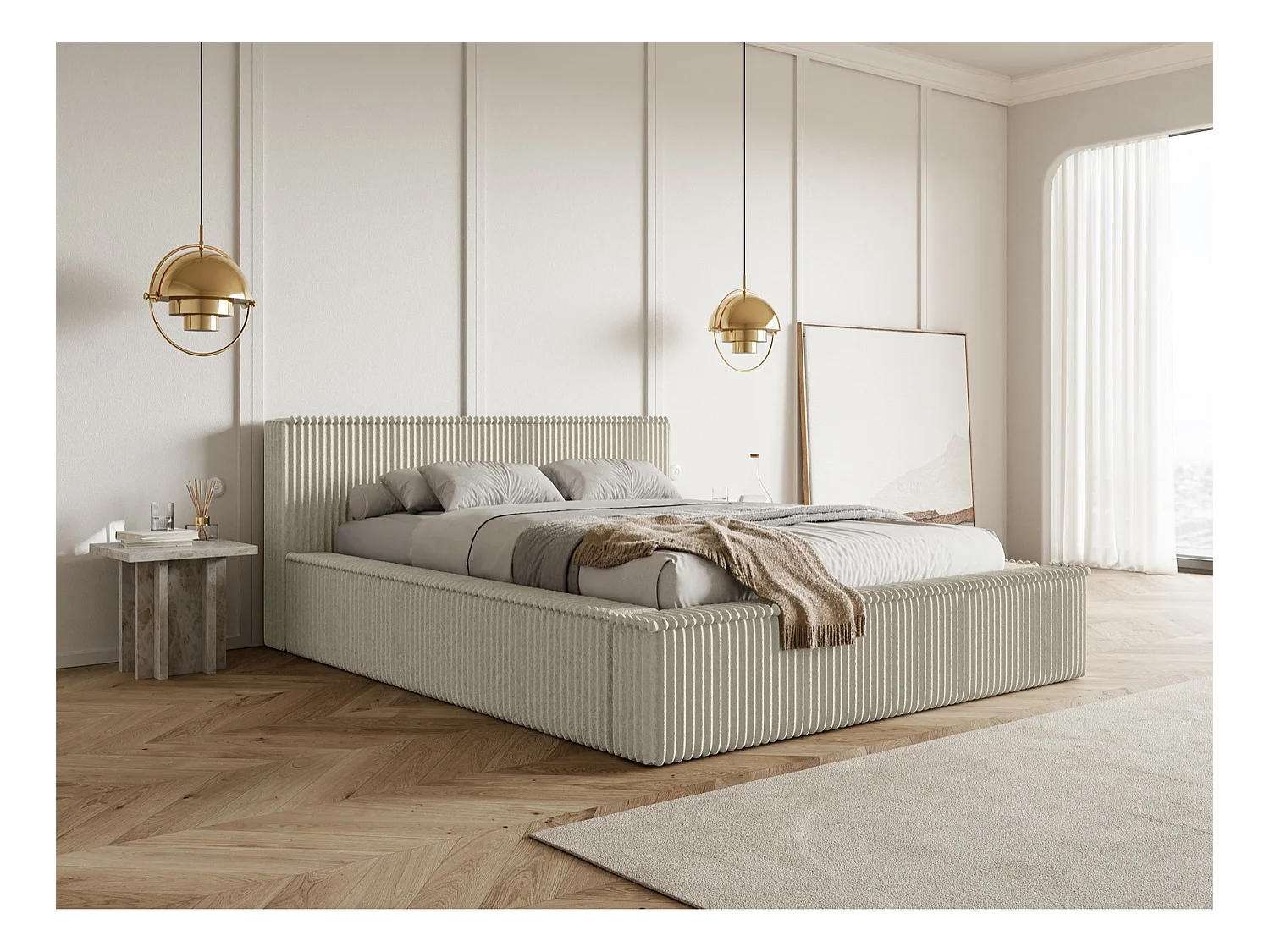 Lit coffre avec tête de lit - 180x200 cm - en velours côtelé beige clair - AFFOLIO