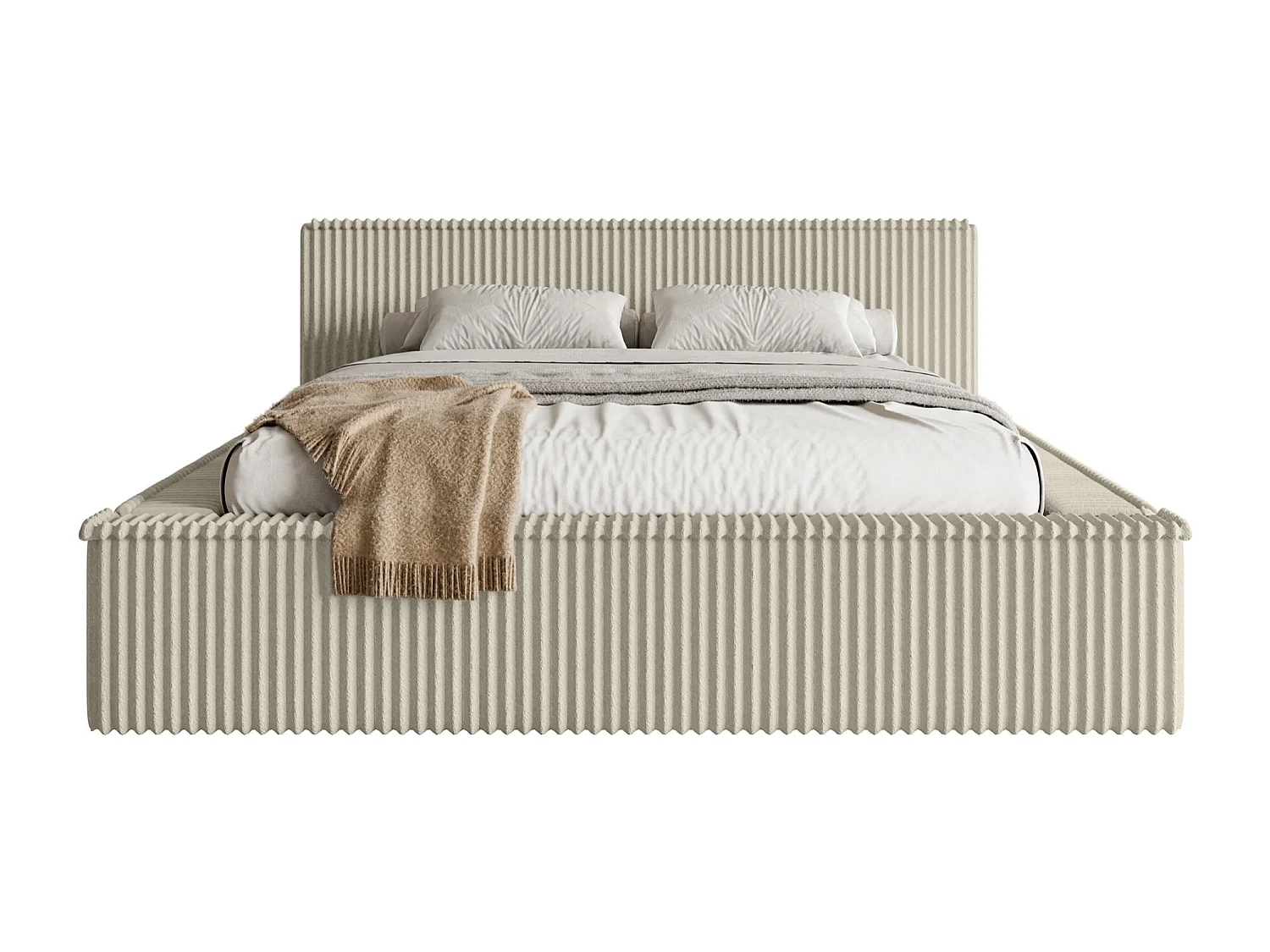 Lit coffre avec tête de lit - 180x200 cm - en velours côtelé beige clair - AFFOLIO
