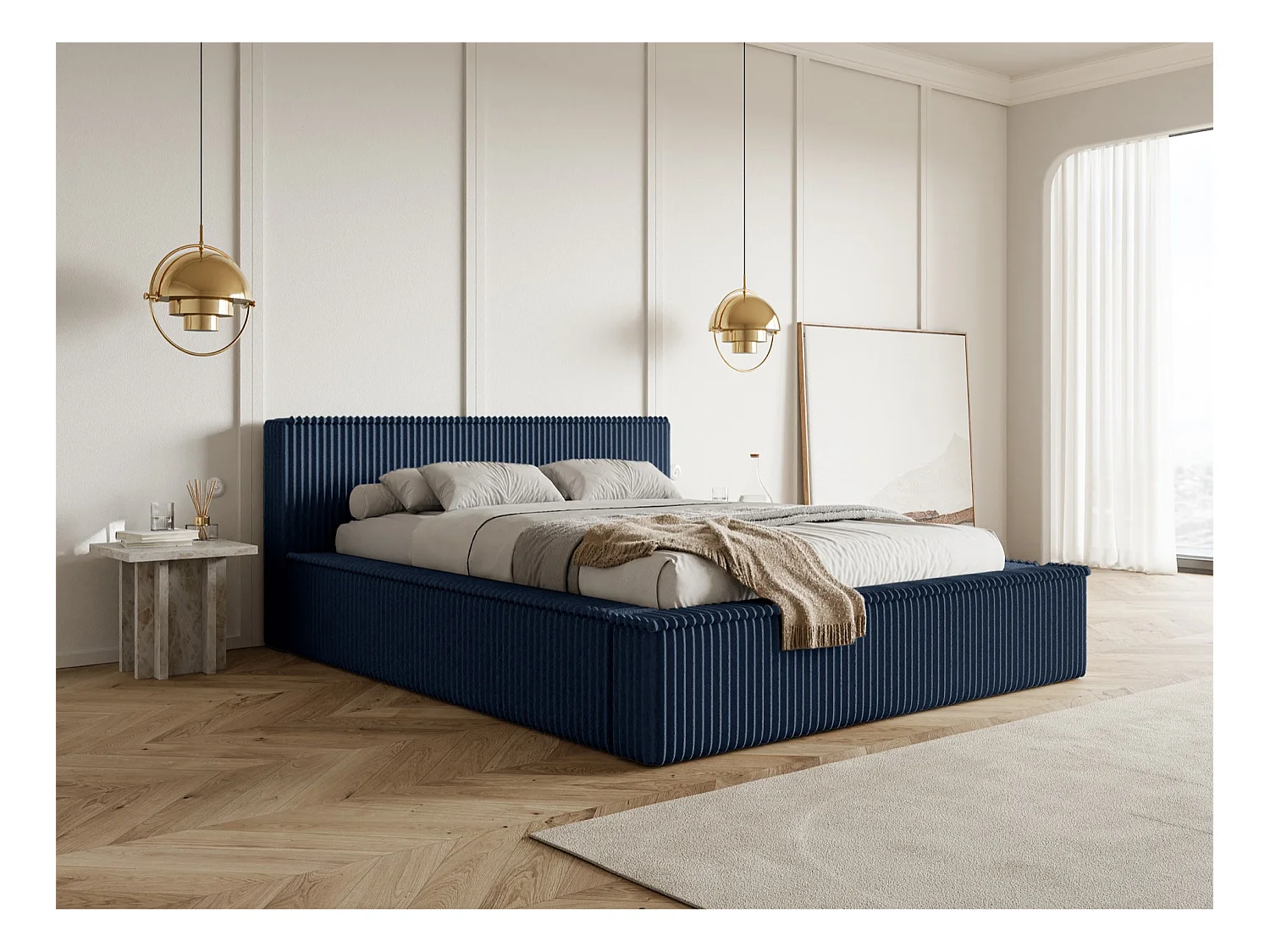 Lit coffre avec tête de lit - 180x200 cm - en velours côtelé marine - AFFOLIO