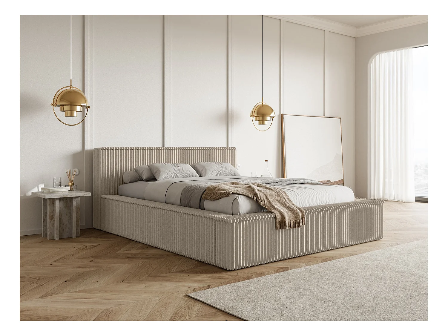 Lit coffre avec tête de lit - 180x200 cm - en velours côtelé beige foncé - AFFOLIO