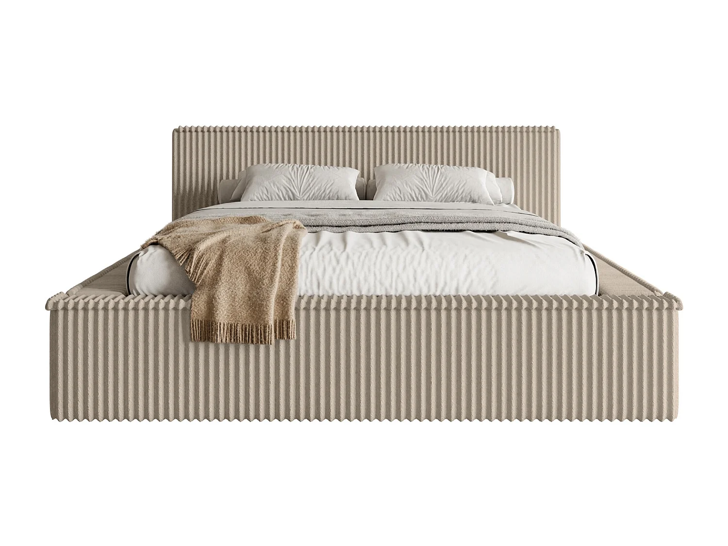 Lit coffre avec tête de lit - 180x200 cm - en velours côtelé beige foncé - AFFOLIO