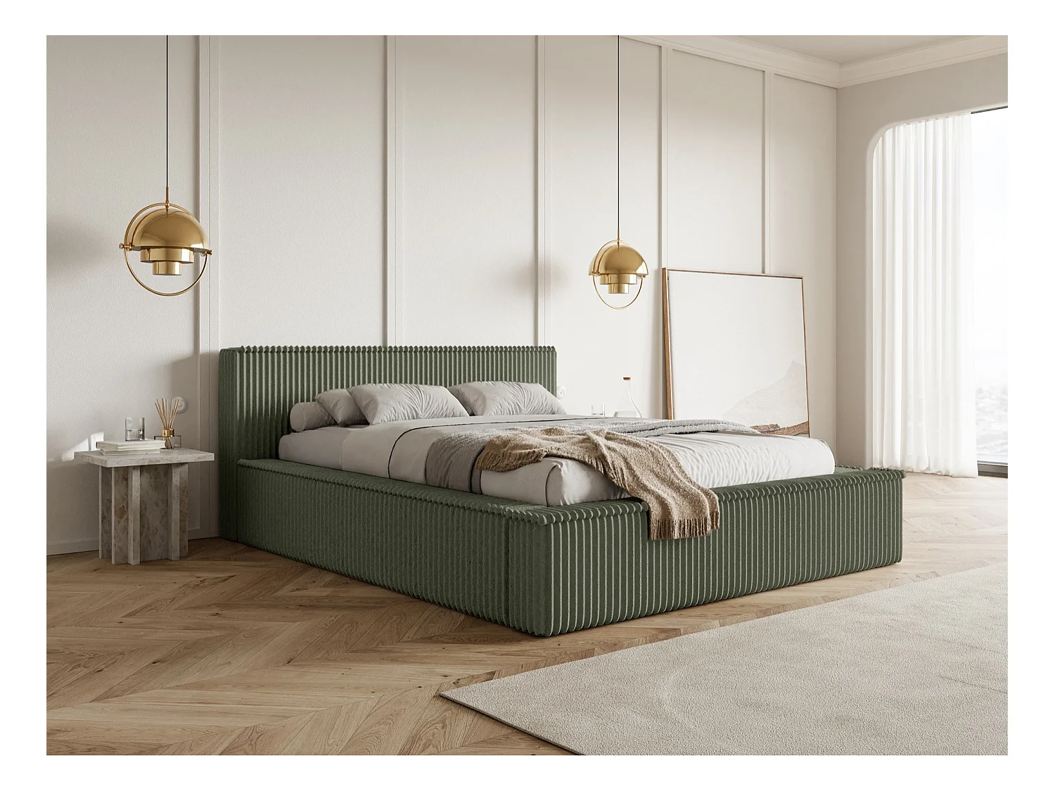 Lit coffre avec tête de lit - 180x200 cm - en velours côtelé kaki - AFFOLIO
