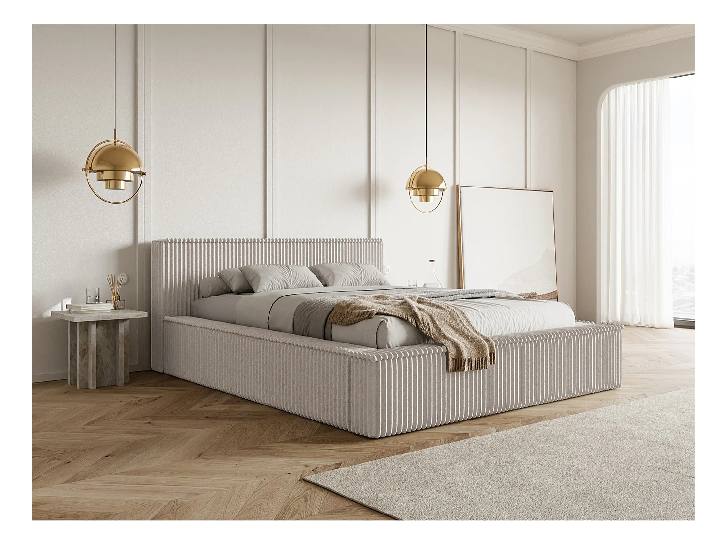 Lit coffre avec tête de lit - 180x200 cm - en velours côtelé grège - AFFOLIO