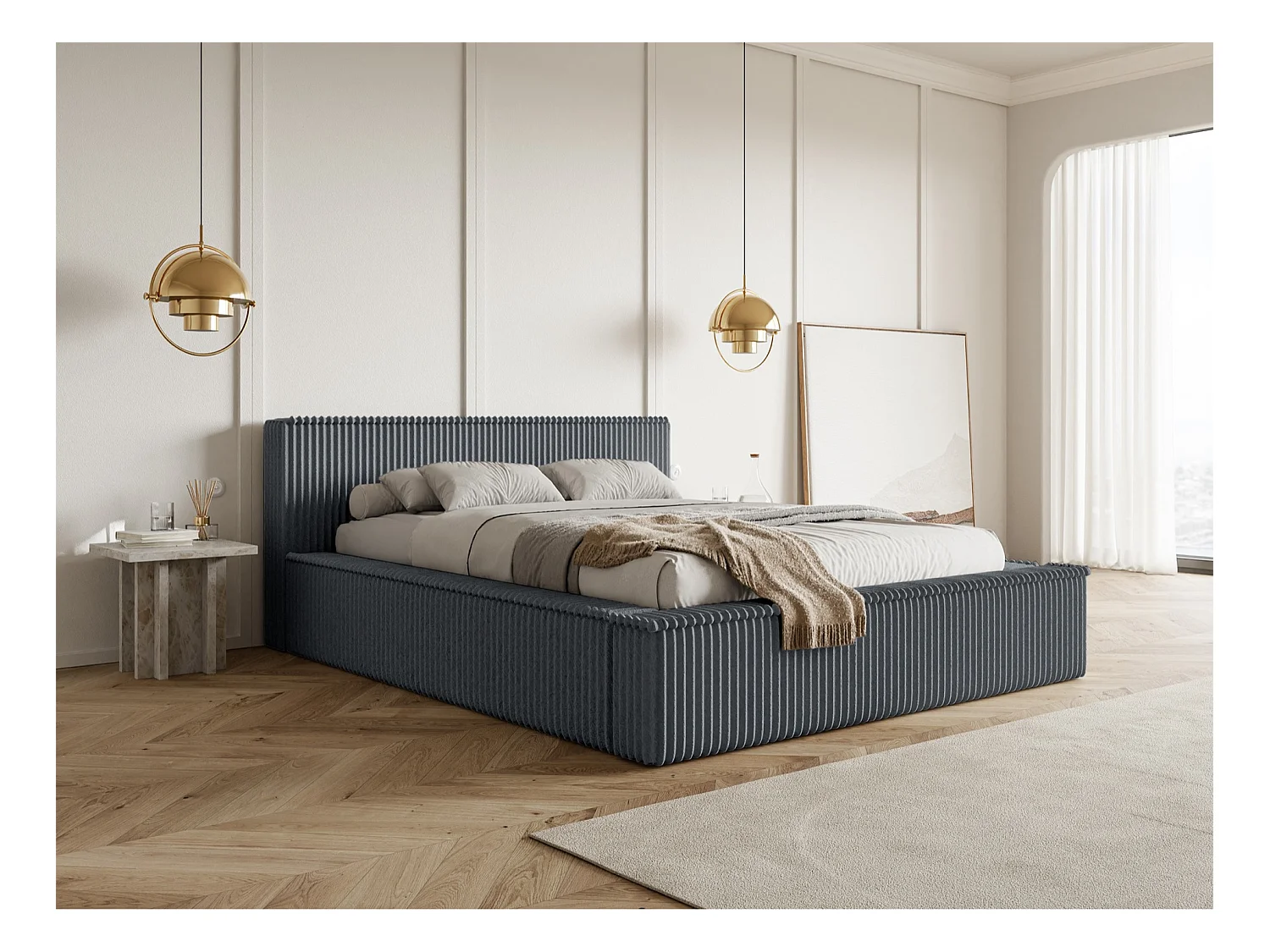 Lit coffre avec tête de lit - 180x200 cm - en velours côtelé gris - AFFOLIO