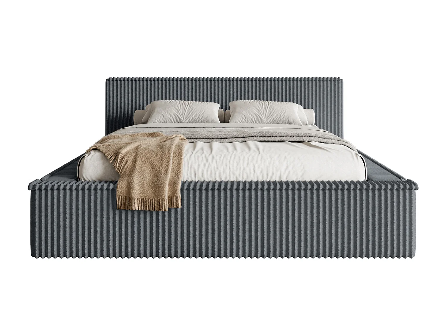 Lit coffre avec tête de lit - 180x200 cm - en velours côtelé gris - AFFOLIO