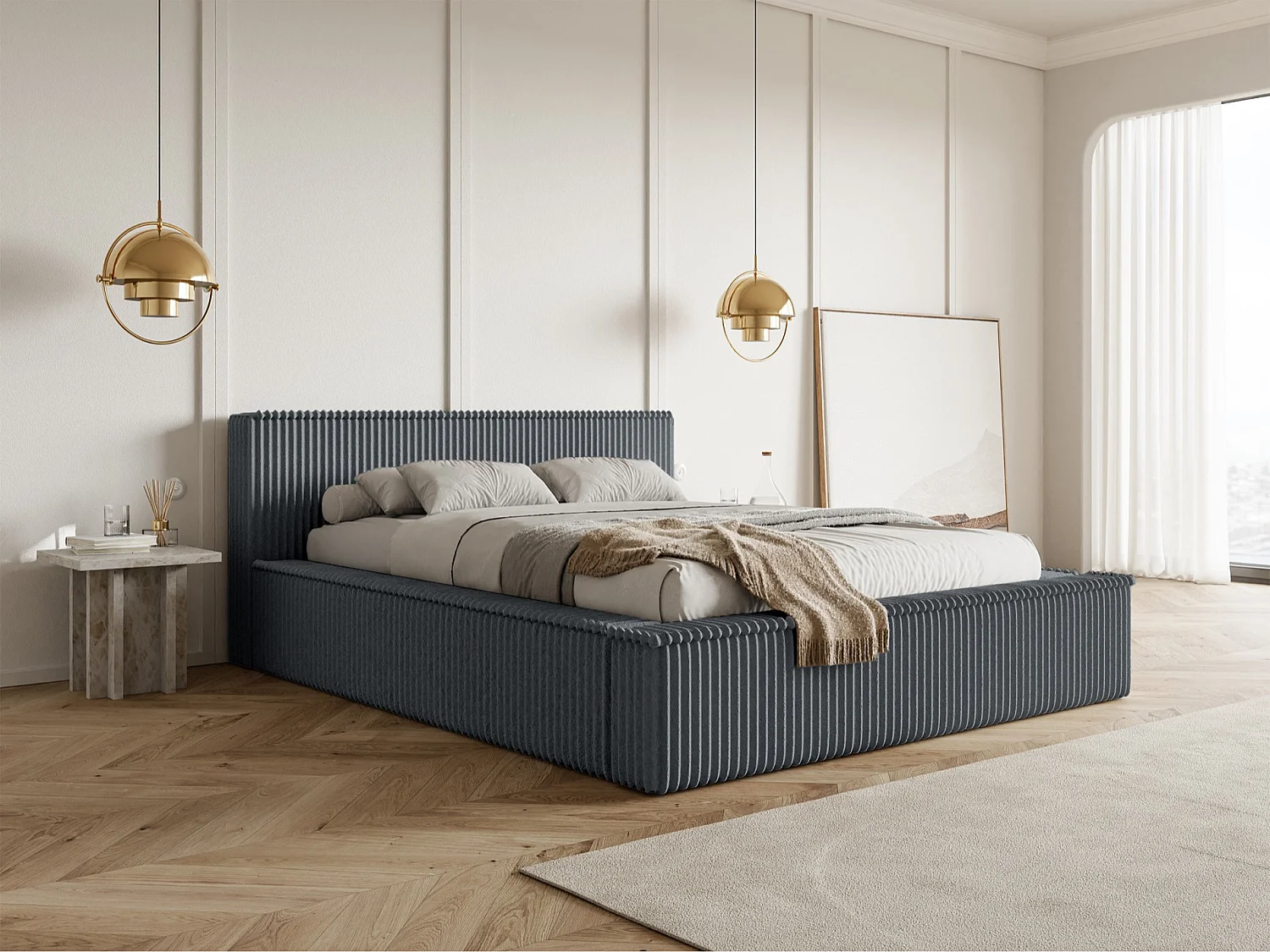 Lit coffre avec tête de lit - 180x200 cm - en velours côtelé gris - AFFOLIO