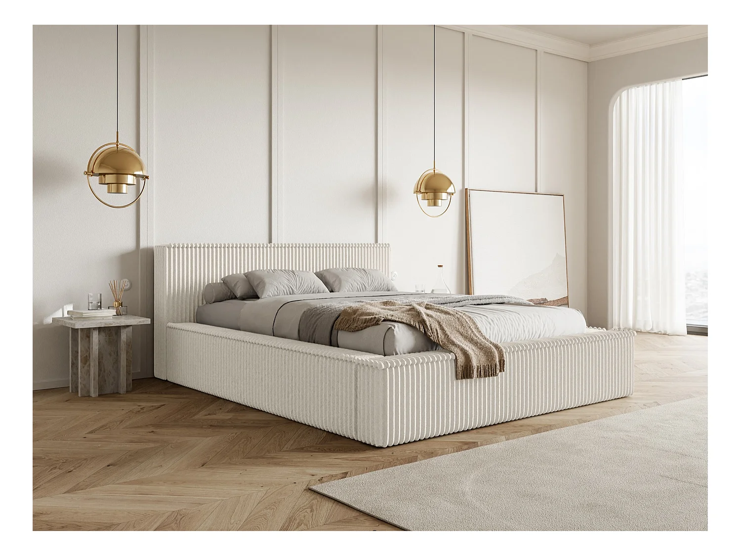 Lit coffre avec tête de lit - 180x200 cm - en velours côtelé crème - AFFOLIO