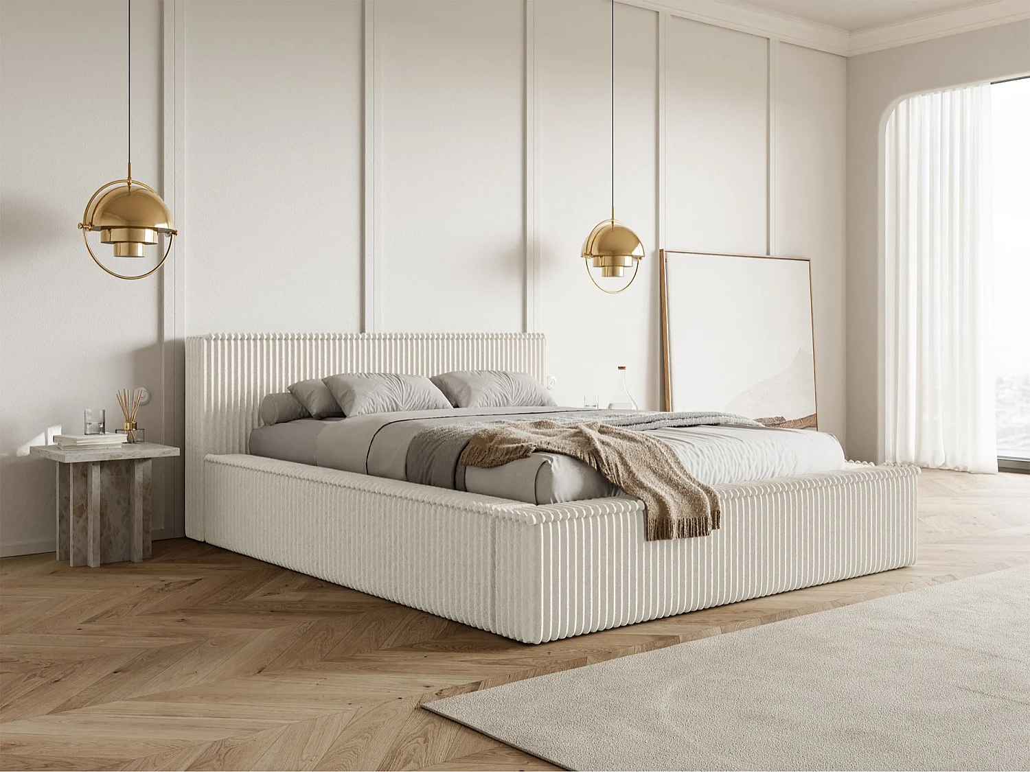 Lit coffre avec tête de lit - 180x200 cm - en velours côtelé crème - AFFOLIO