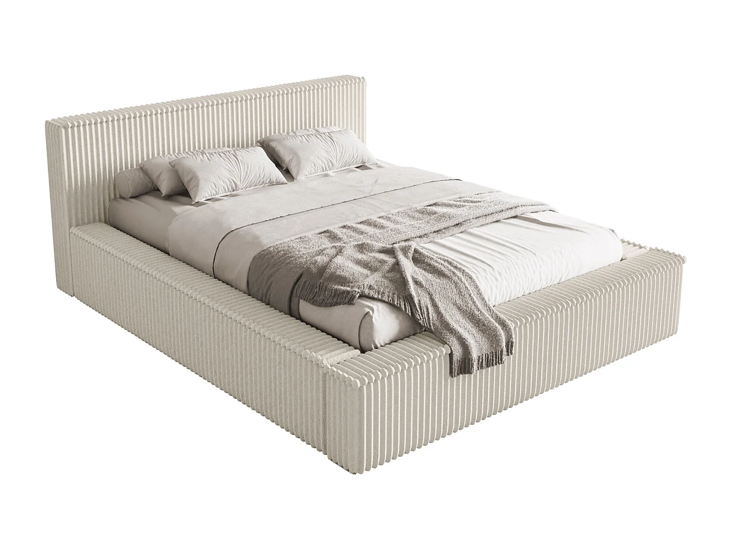 Lit coffre avec tête de lit - 180x200 cm - en velours côtelé crème - AFFOLIO
