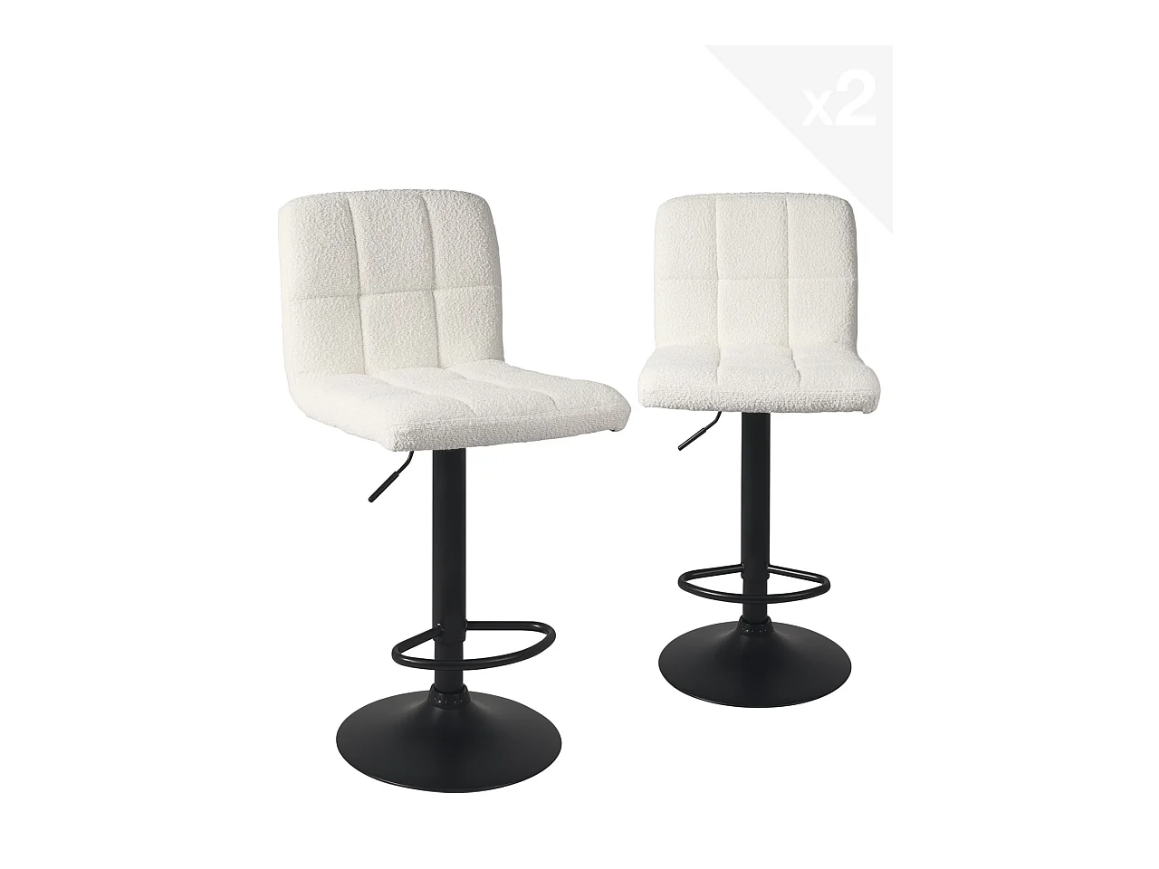 Lot 2 chaises de bar siège tissu bouclette matelassé rembourré hauteur réglable pivotant SIVAN (Blanc noir)