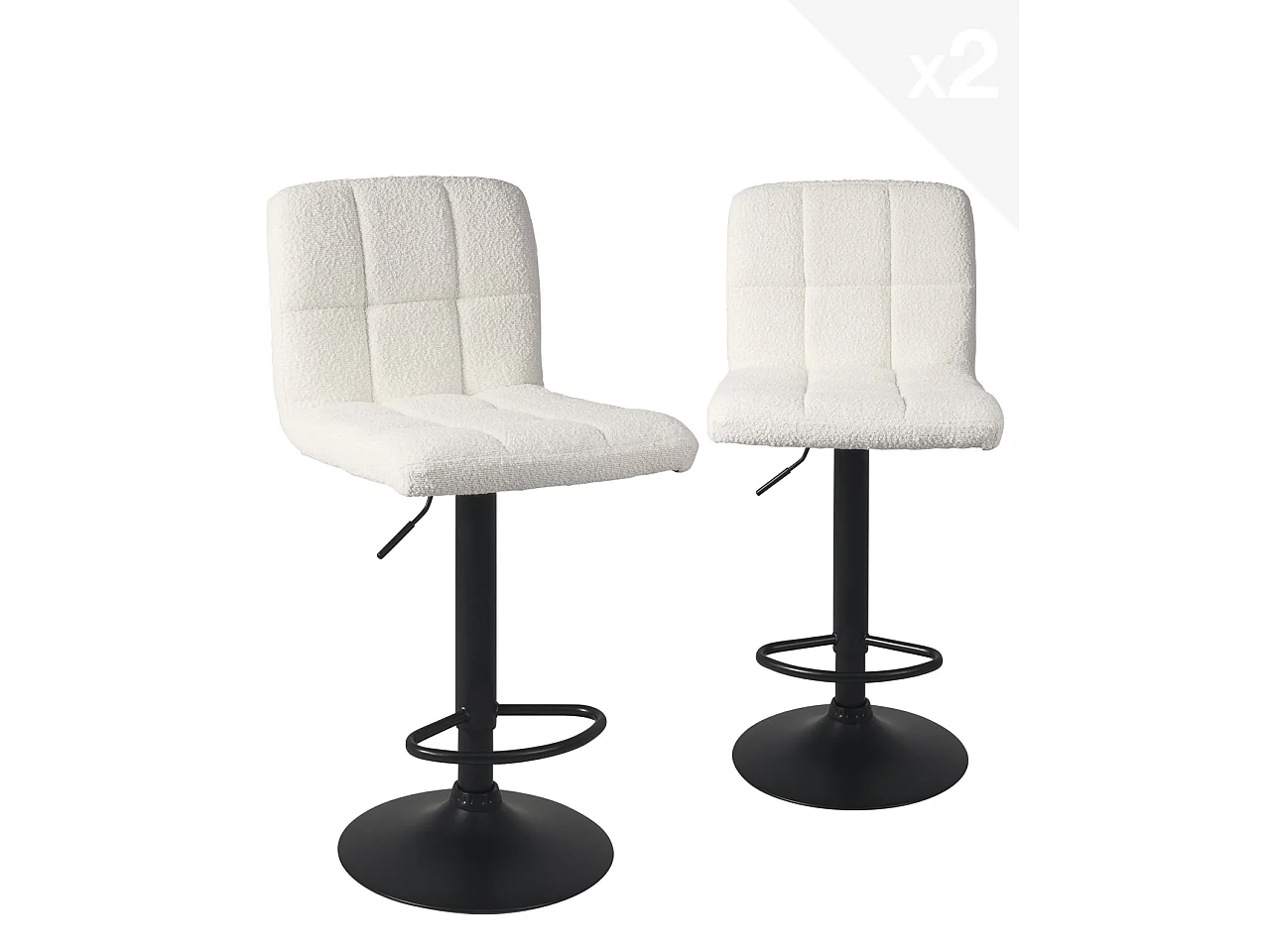 Lot 2 chaises de bar siège tissu bouclette matelassé rembourré hauteur réglable pivotant SIVAN (Blanc noir)