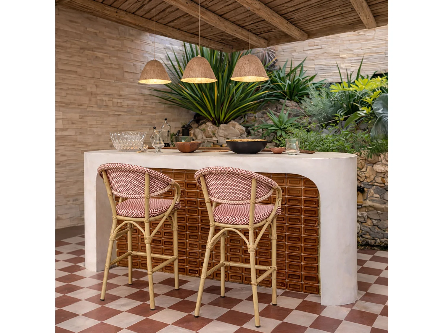 Now's Home - Lot De 2 Fauteuils De Bar Extérieur En Textilène Rouge