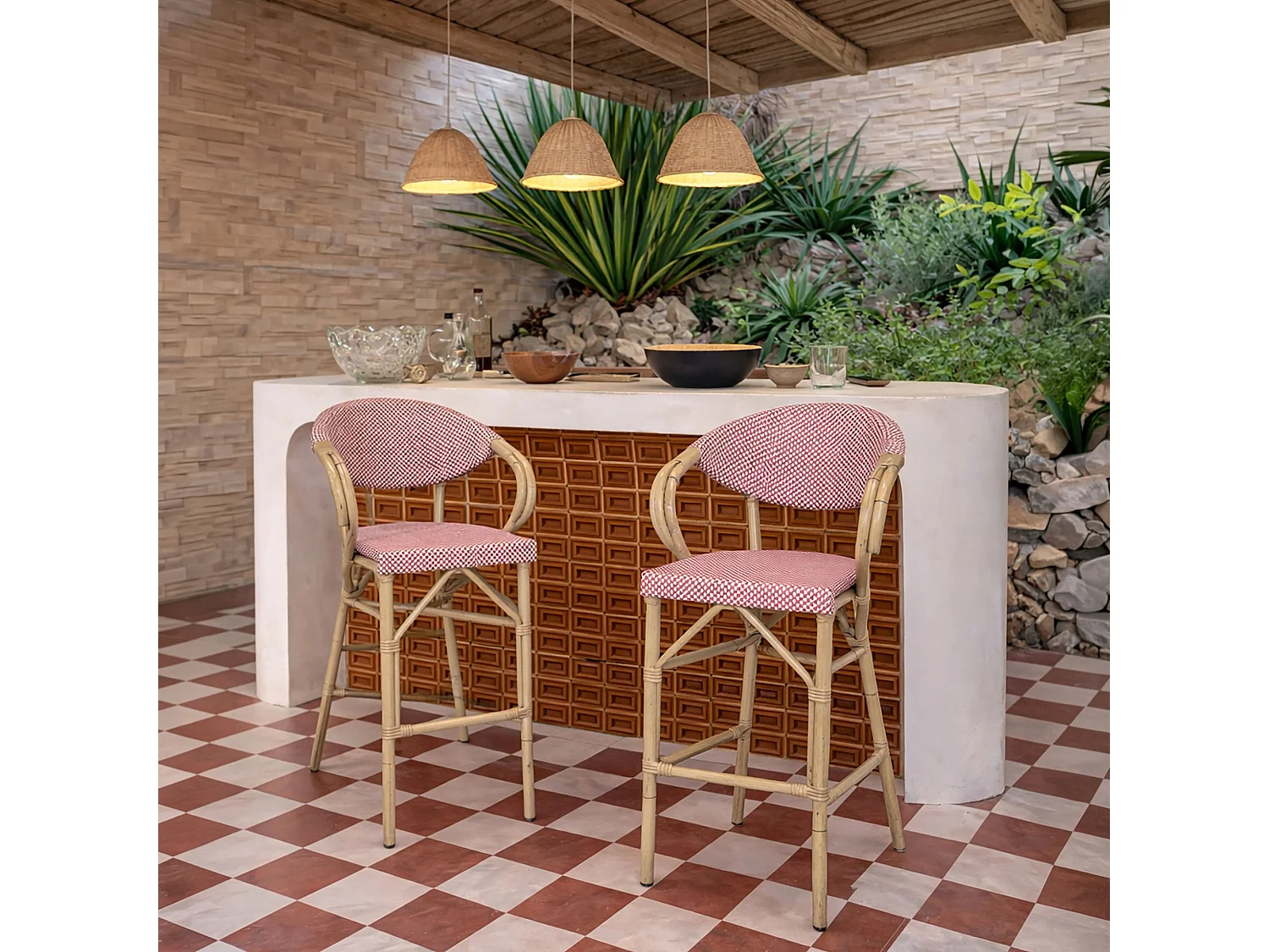 Now's Home - Lot De 2 Fauteuils De Bar Extérieur En Textilène Rouge