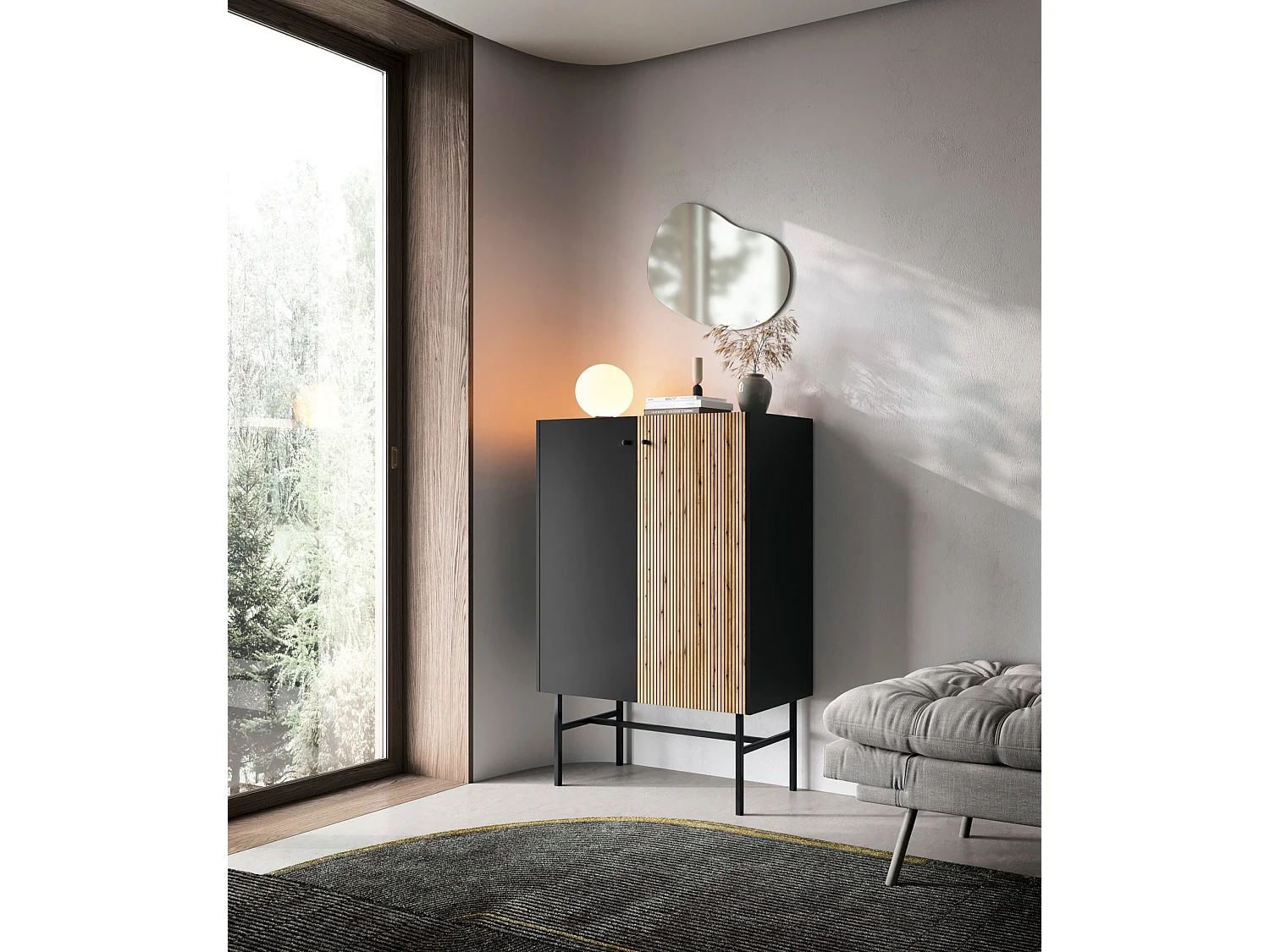 Hoge dressoir met 2 deuren - 93 cm - zwart / licht eiken effect - DIVENOS