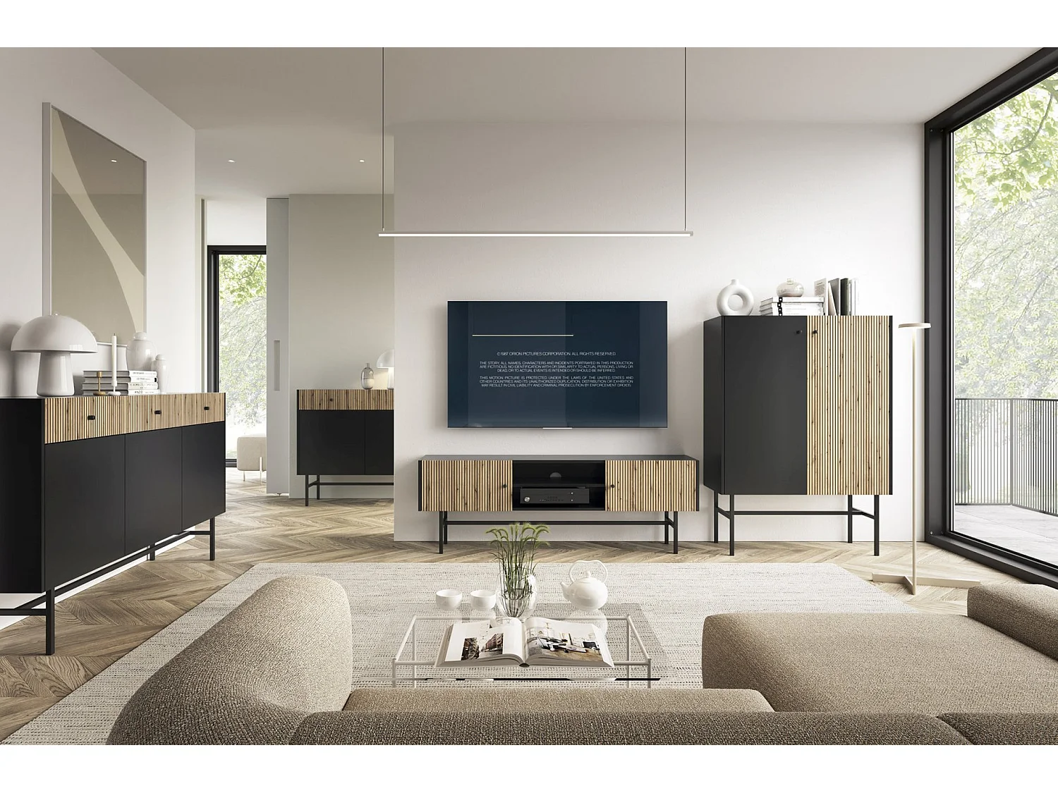 Hoge dressoir met 2 deuren - 93 cm - zwart / licht eiken effect - DIVENOS